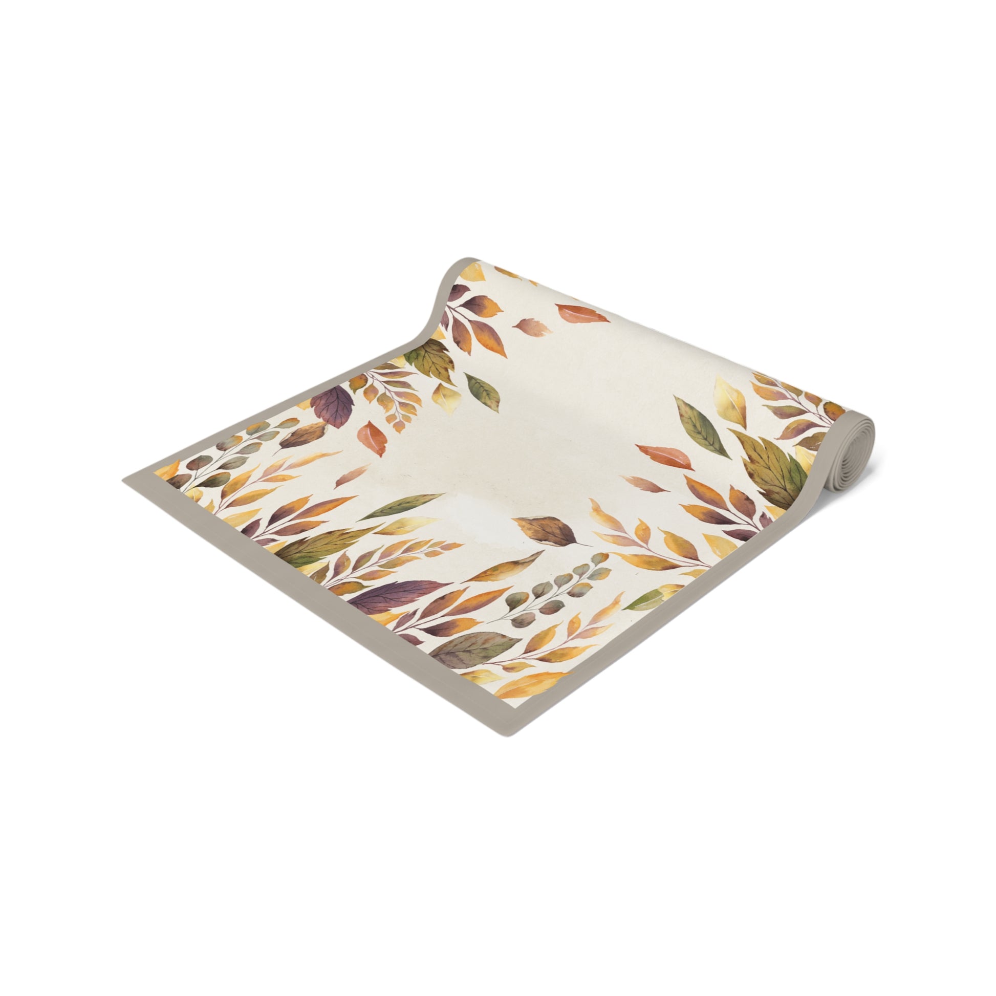 Fallen Leaves roll of table runner with autumn leaf pattern on a white background