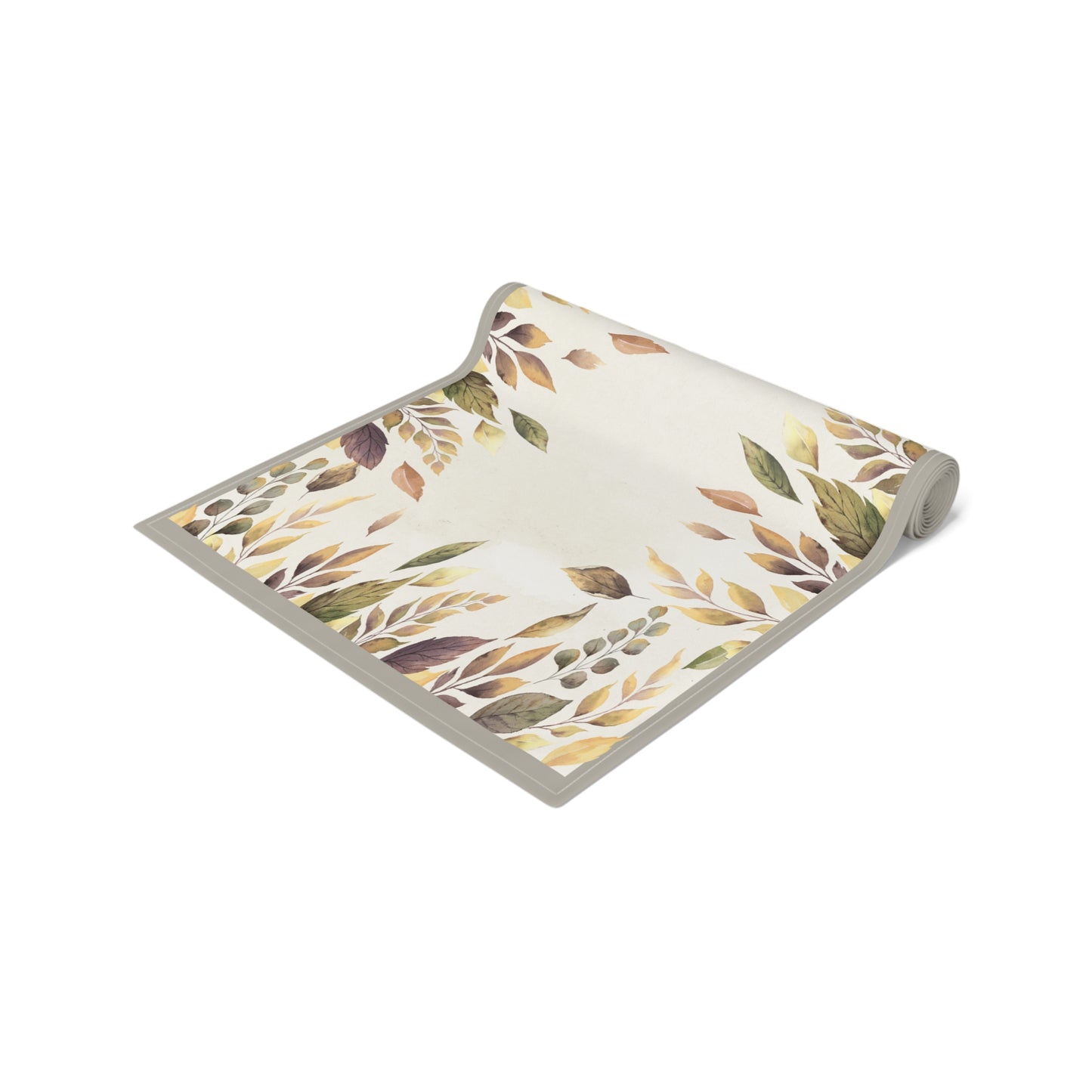 Roll of Fallen Leaves table runner with leaf pattern on a white background