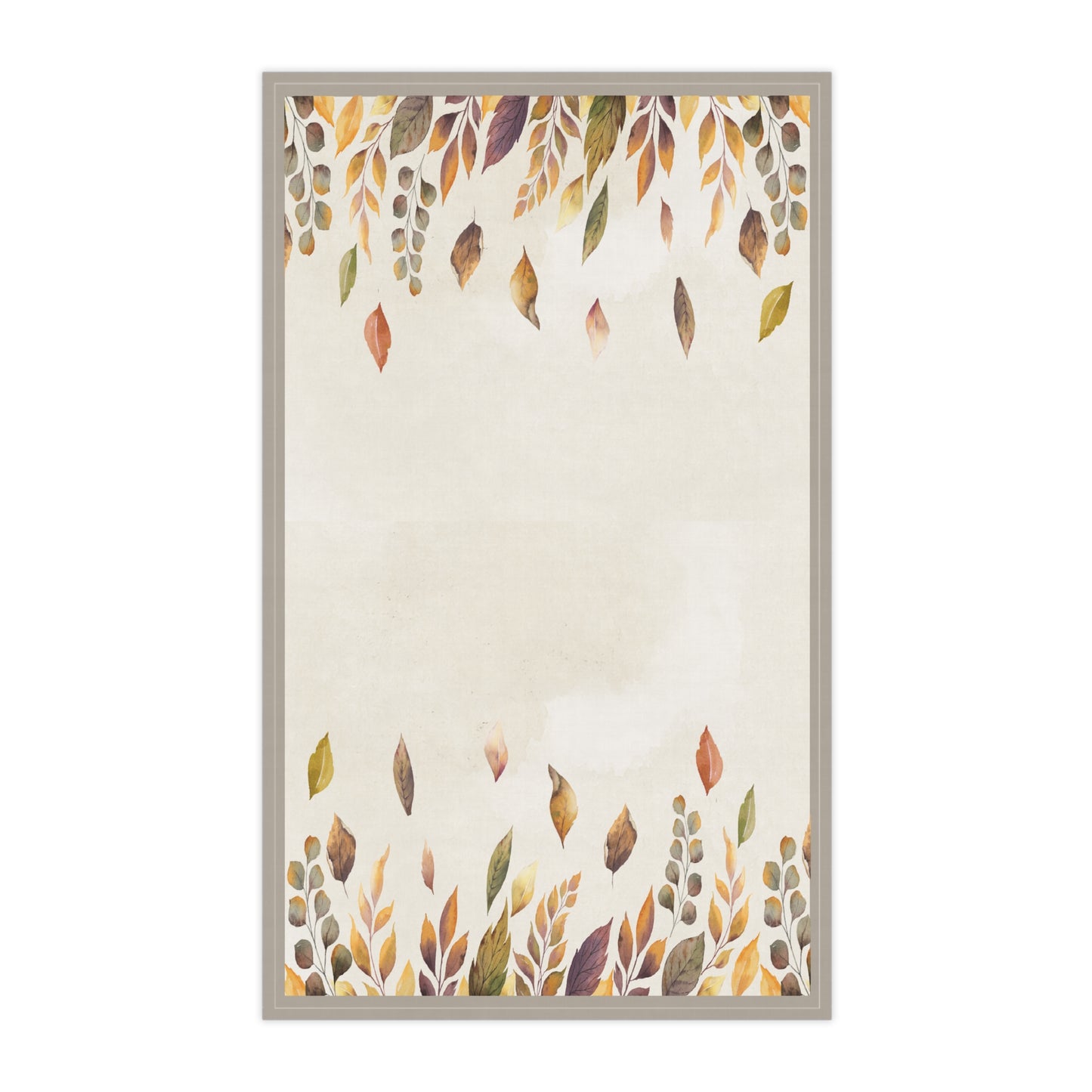 Decorative tea towel with autumn leaf design on a white background