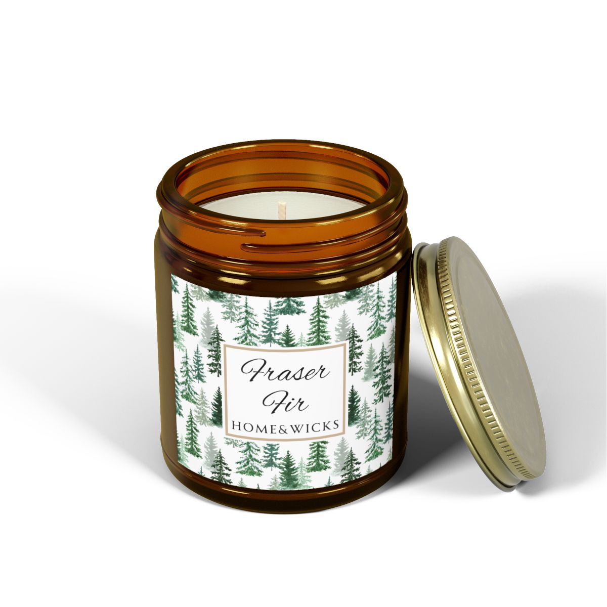 Fraser Fir Coconut Apricot Wax Candle, 9 oz. Amber Jar with Gold Lid, Cotton Wick - Christmas Candle, Holiday Decor, Winter Candle