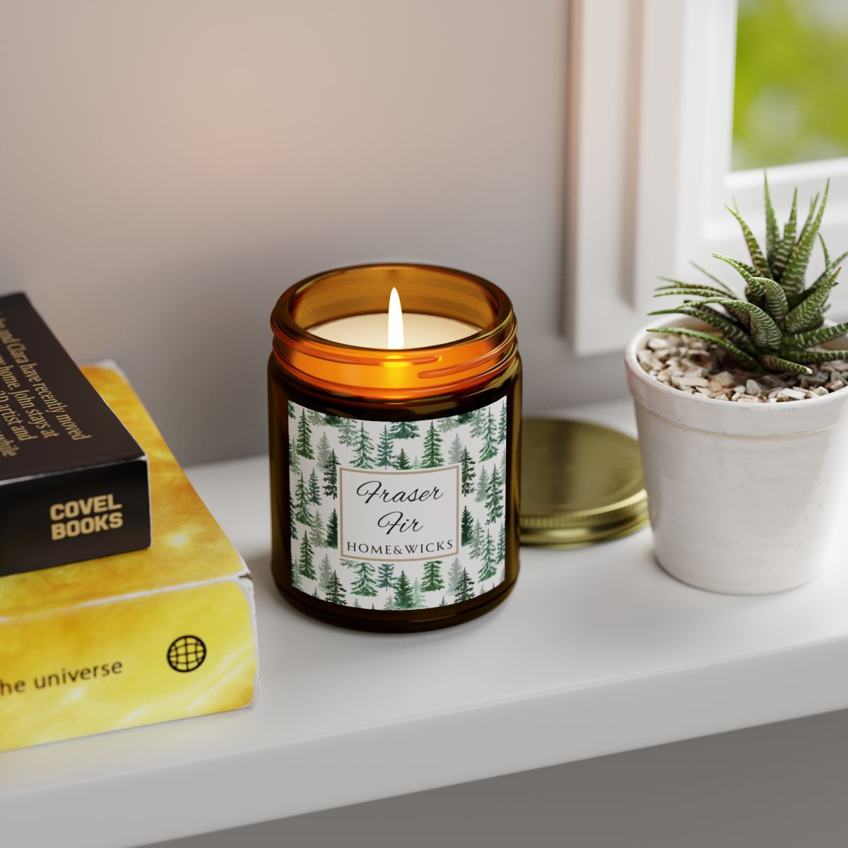 Fraser Fir Coconut Apricot Wax Candle, 9 oz. Amber Jar with Gold Lid, Cotton Wick - Christmas Candle, Holiday Decor, Winter Candle