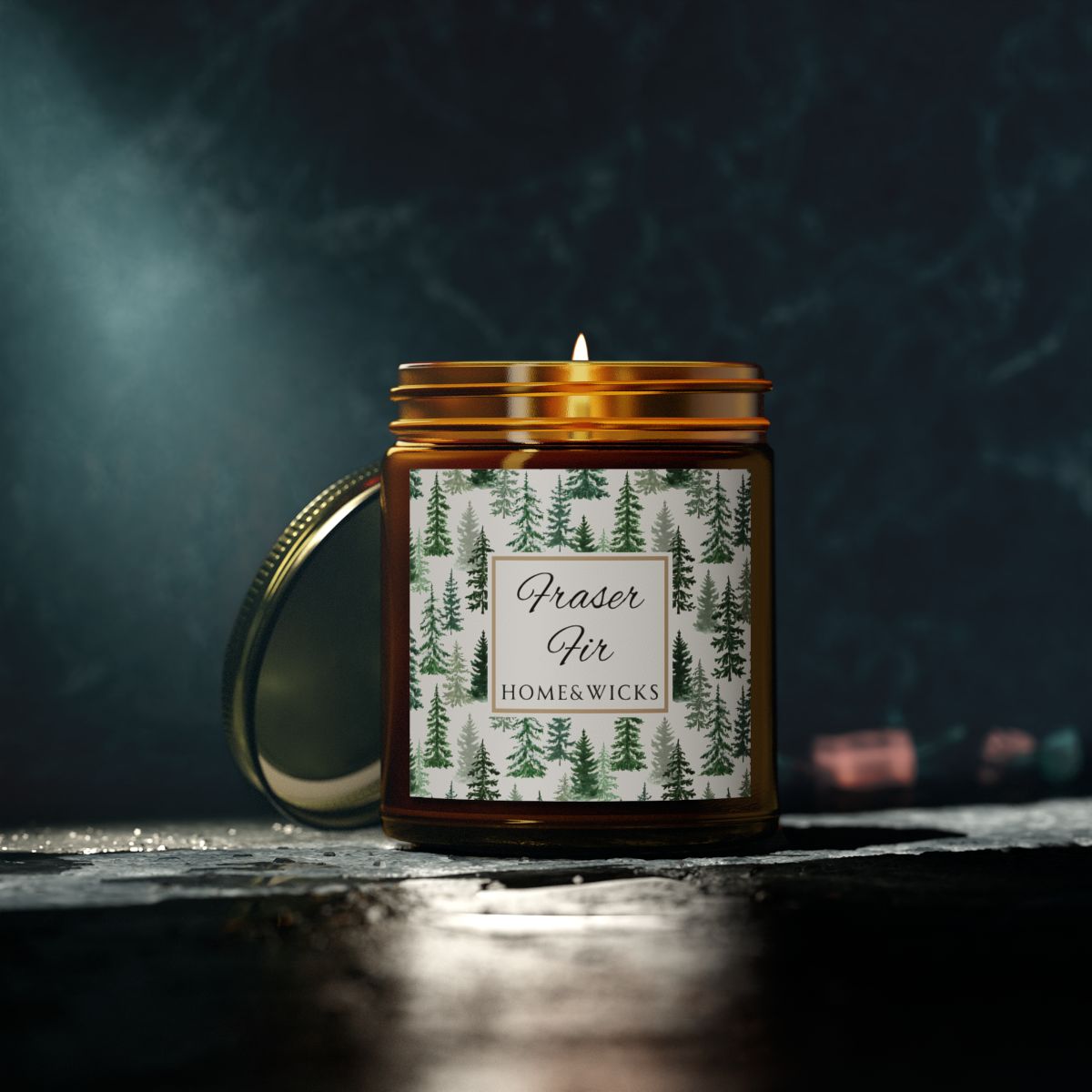 Fraser Fir Coconut Apricot Wax Candle, 9 oz. Amber Jar with Gold Lid, Cotton Wick - Christmas Candle, Holiday Decor, Winter Candle