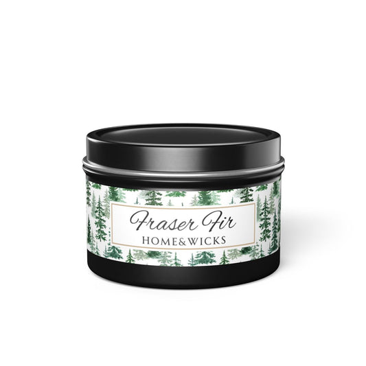 Fraser Fir Coconut Soy Wax Candle, 4 oz. Black Tin Jar with Lid - Christmas Candle, Holiday Decor, Winter Candle
