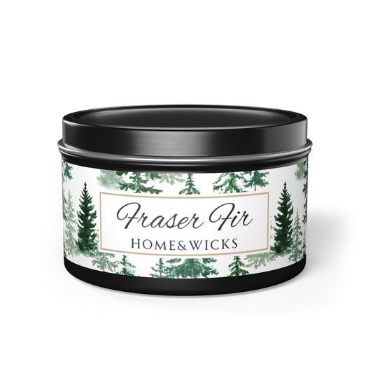Fraser Fir Coconut Soy Wax Candle, 8 oz. Black Tin Jar with Lid - Christmas Candle, Holiday Decor, Winter Candle