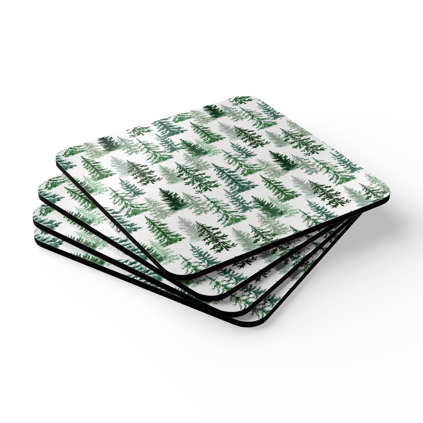 Fraser Fir coasters set of four coasters with green tree pattern on a white background