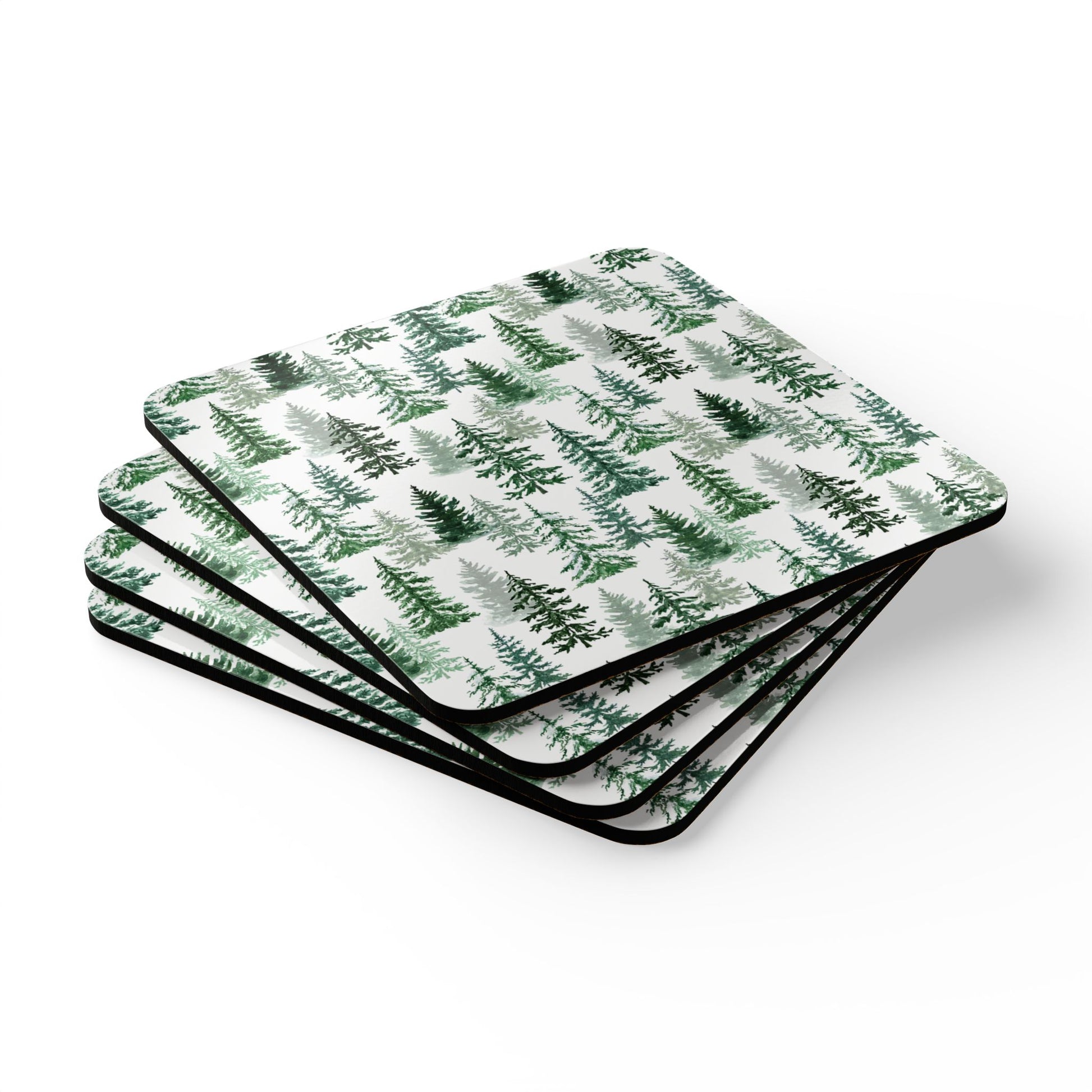 Fraser Fir coasters set of four coasters with green tree pattern on a white background