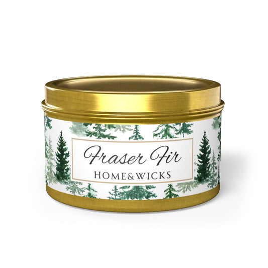 Fraser Fir Coconut Soy Wax Candle, 8 oz. Gold Tin Jar with Lid - Christmas Candle, Holiday Decor, Winter Candle
