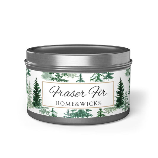Fraser Fir Coconut Soy Wax Candle, 8 oz. Silver Tin Jar with Lid - Christmas Candle, Holiday Decor, Winter Candle