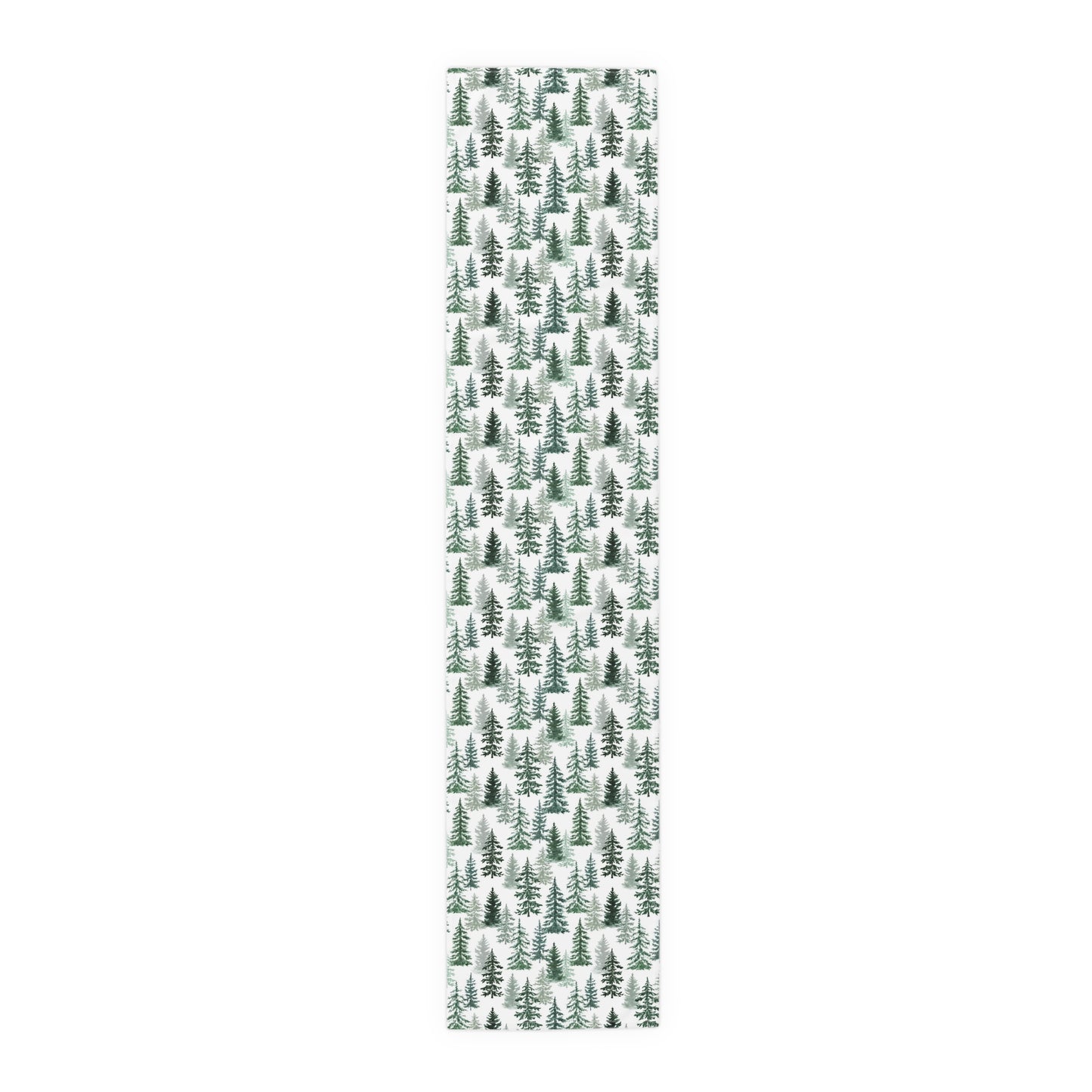 Green and white forest-themed cotton table runner on a white background