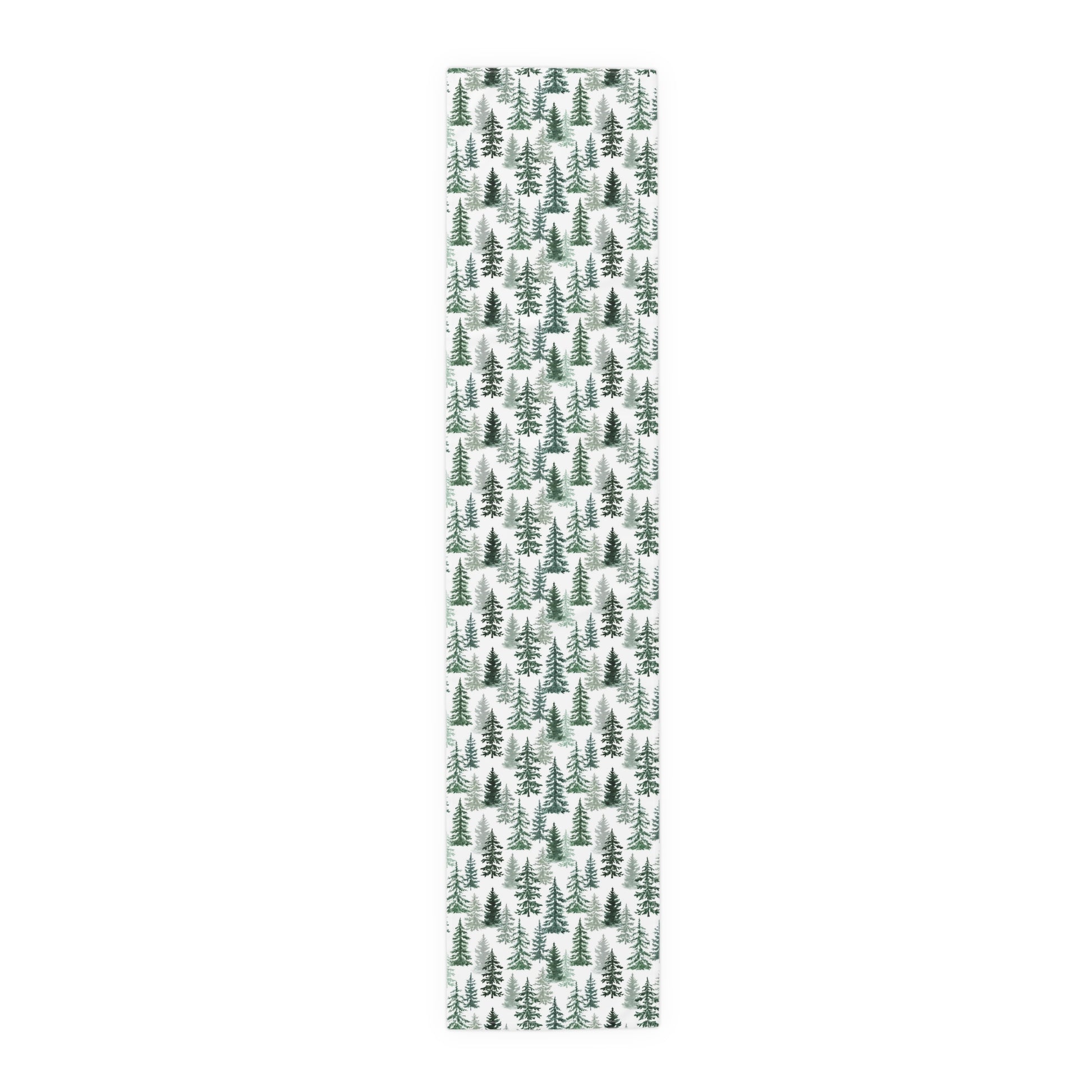 Green and white forest-themed cotton table runner on a white background
