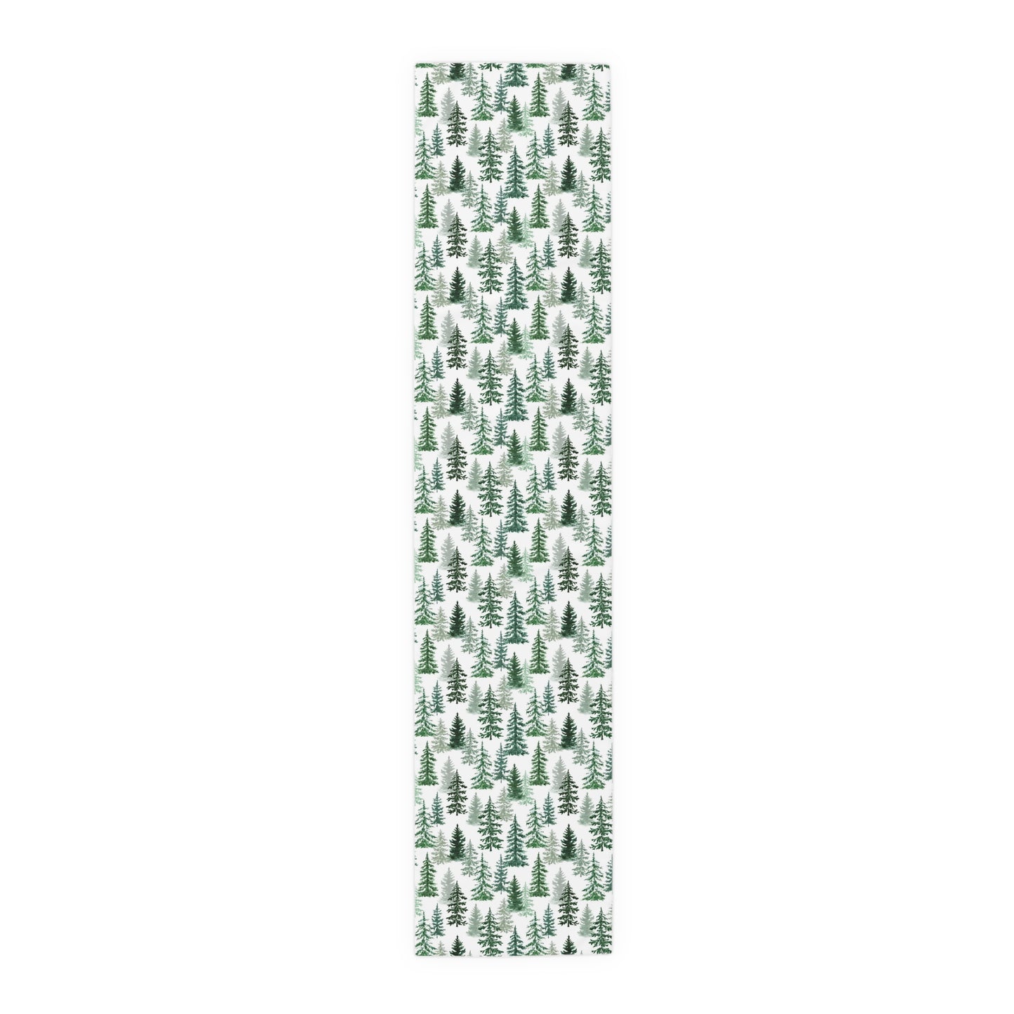 Green and white forest-themed polyester table runner on a white background