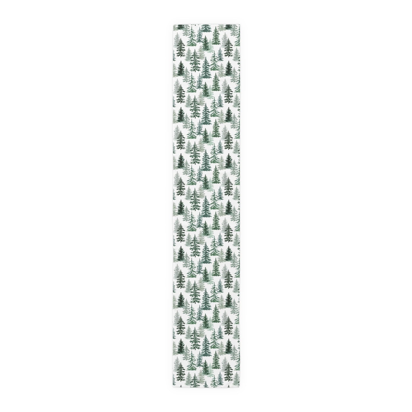 Green and white forest-themed cotton table runner on a white background
