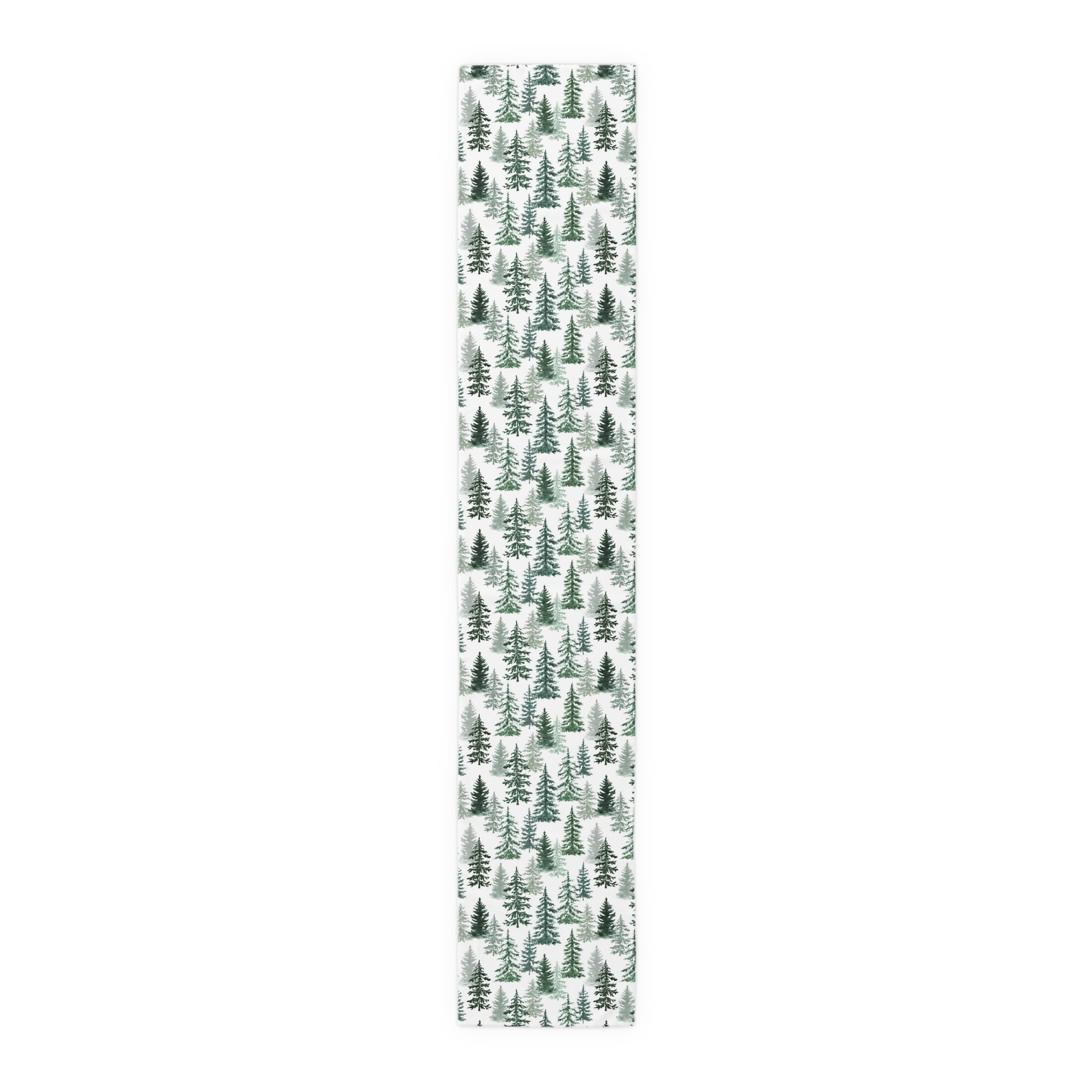 Green and white forest-themed cotton table runner on a white background