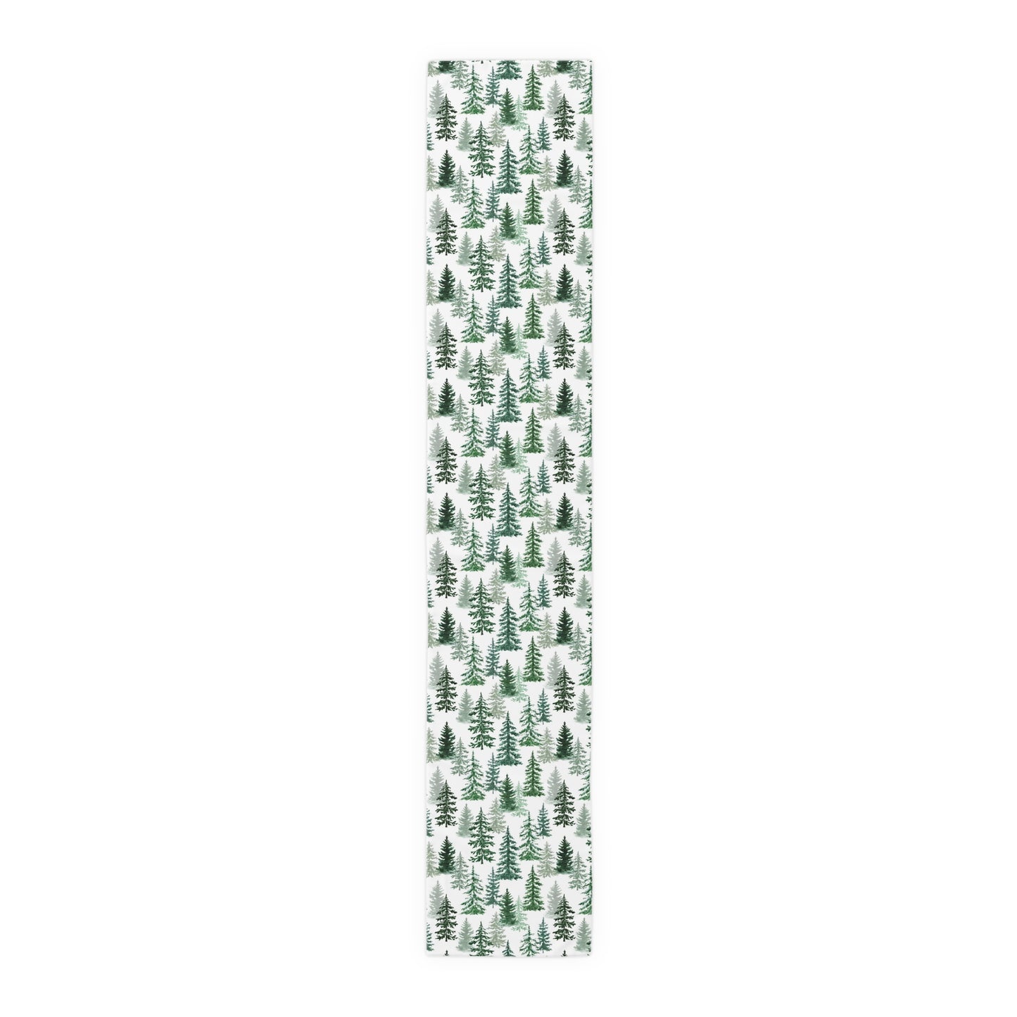 Green and white forest-themed polyester table runner on a white background