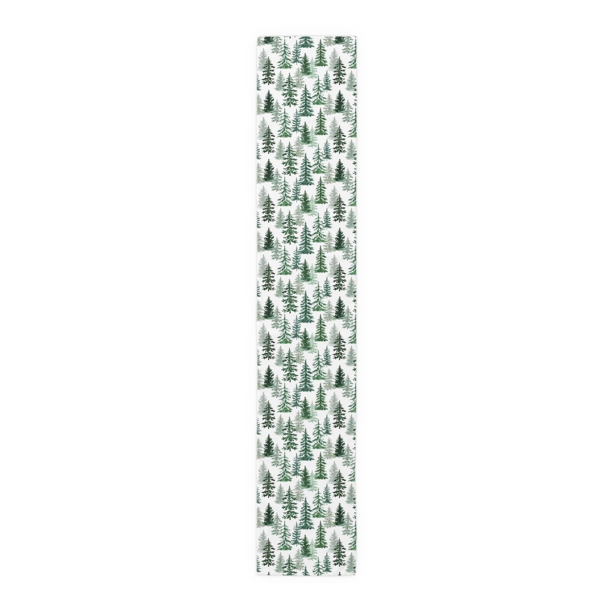 Green and white forest-themed polyester table runner on a white background