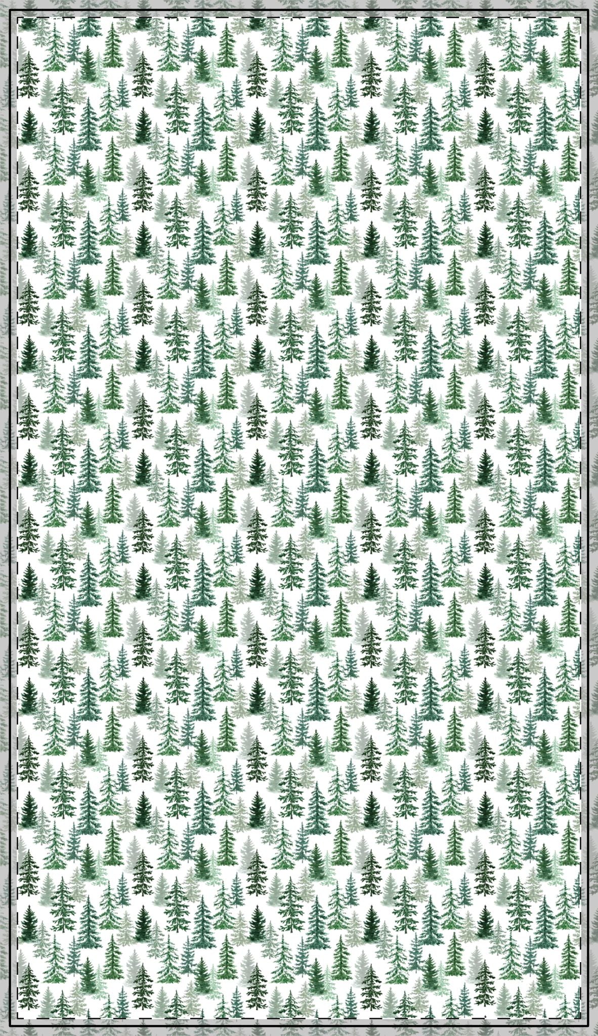 Rectangle Fraser Fir tablecloth has green and white pattern of green trees on tablecloth
