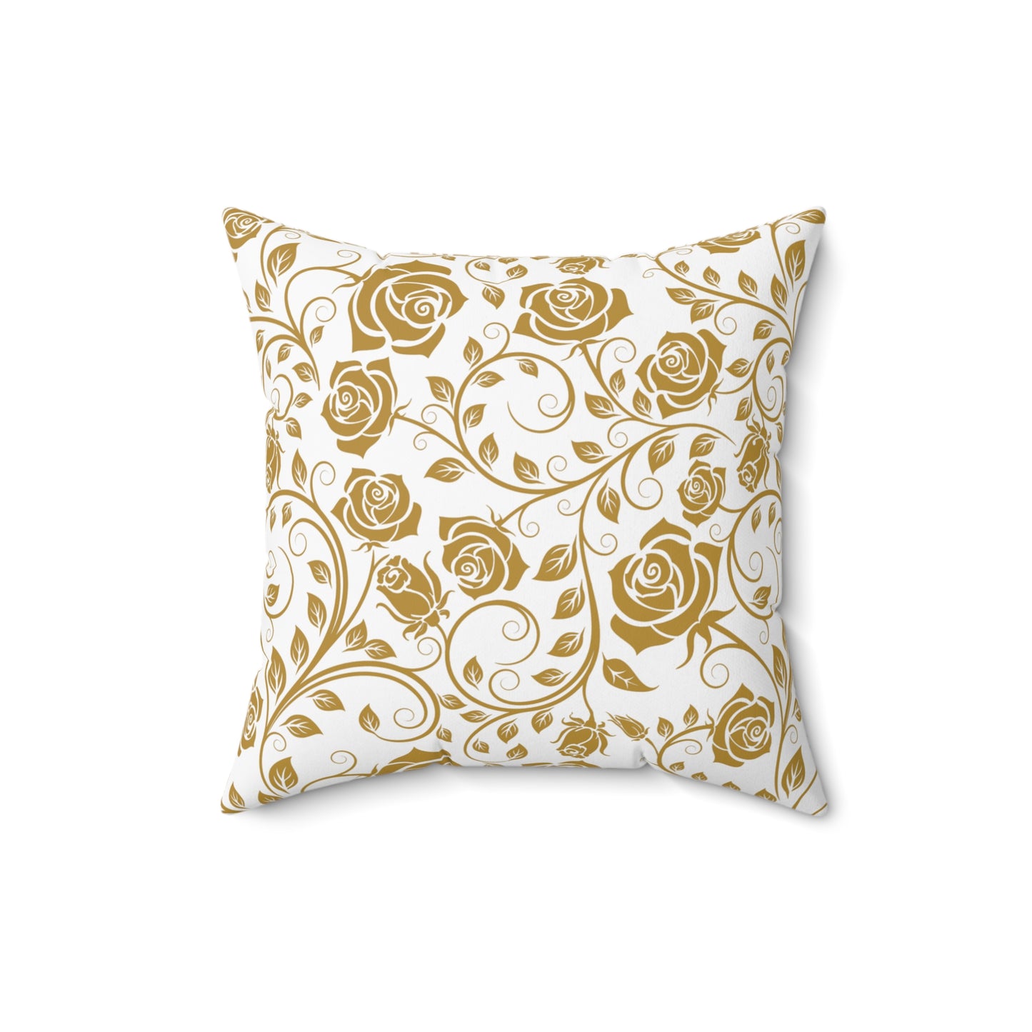 Decorative pillow with gold floral pattern on a white background