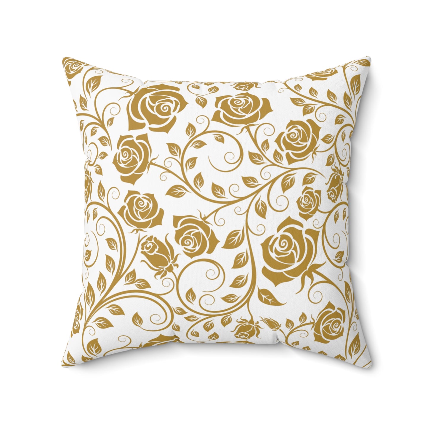 Decorative pillow with gold floral pattern on white background