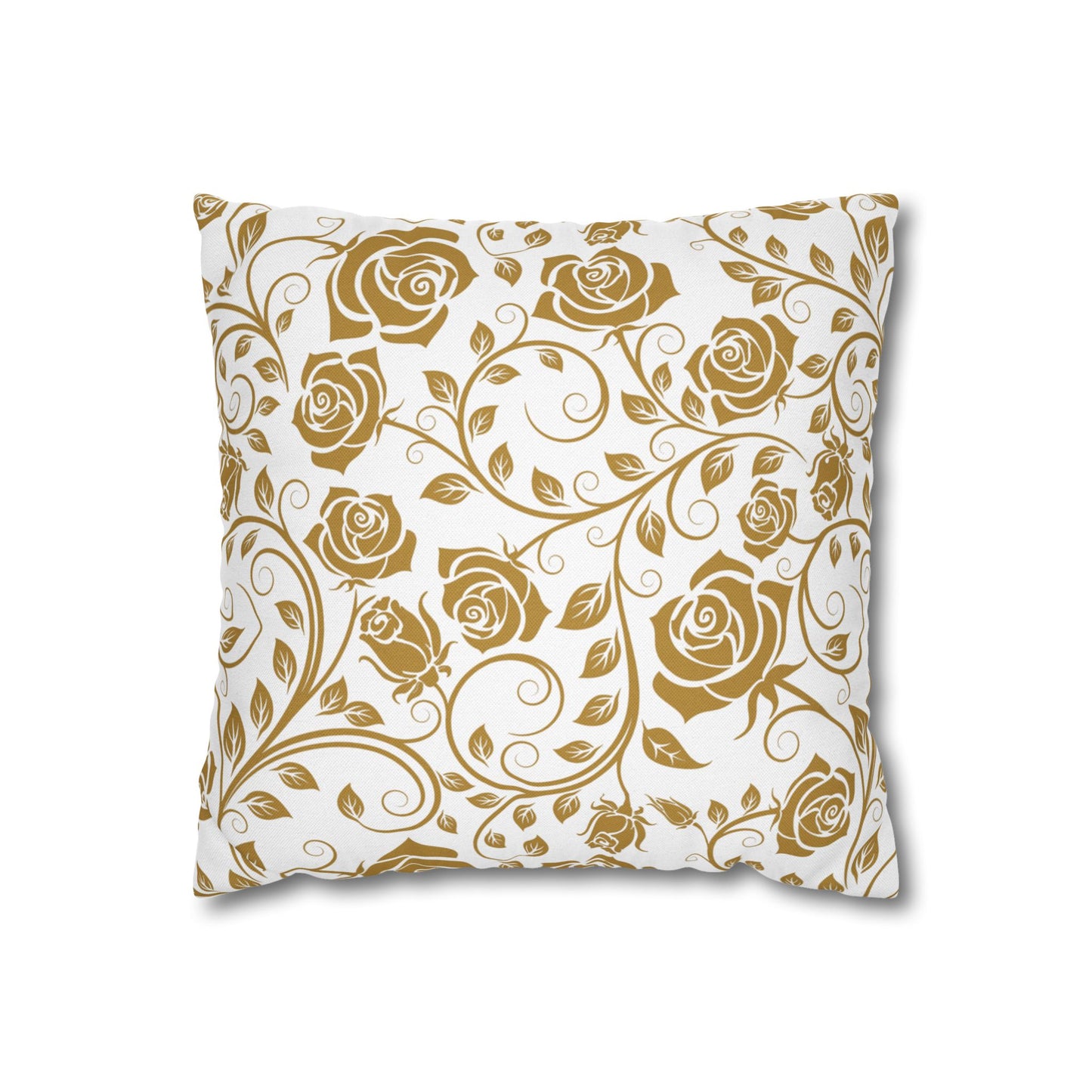 Decorative pillow with gold rose pattern on a white background