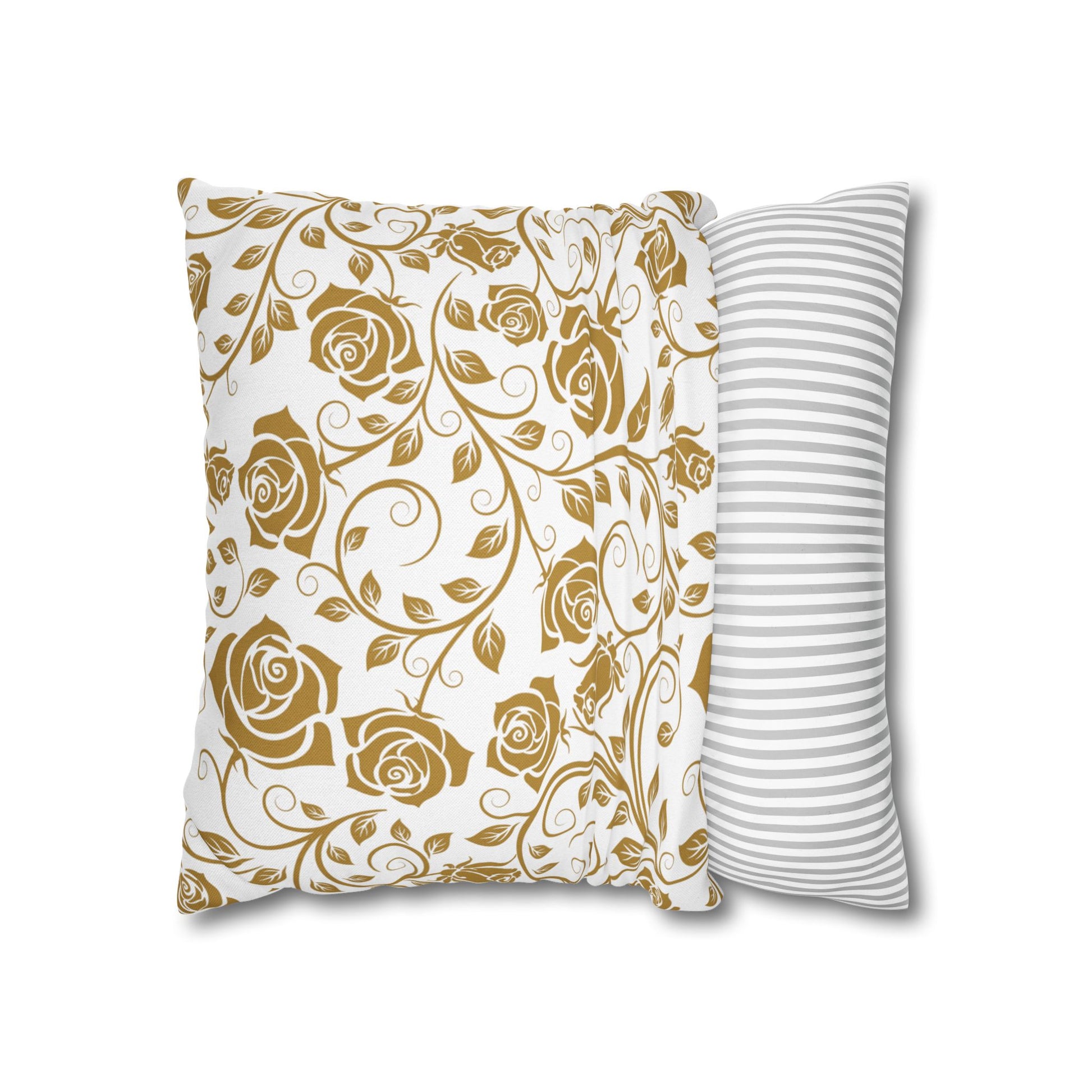 Gold Roses square pillow cover, on a white background
