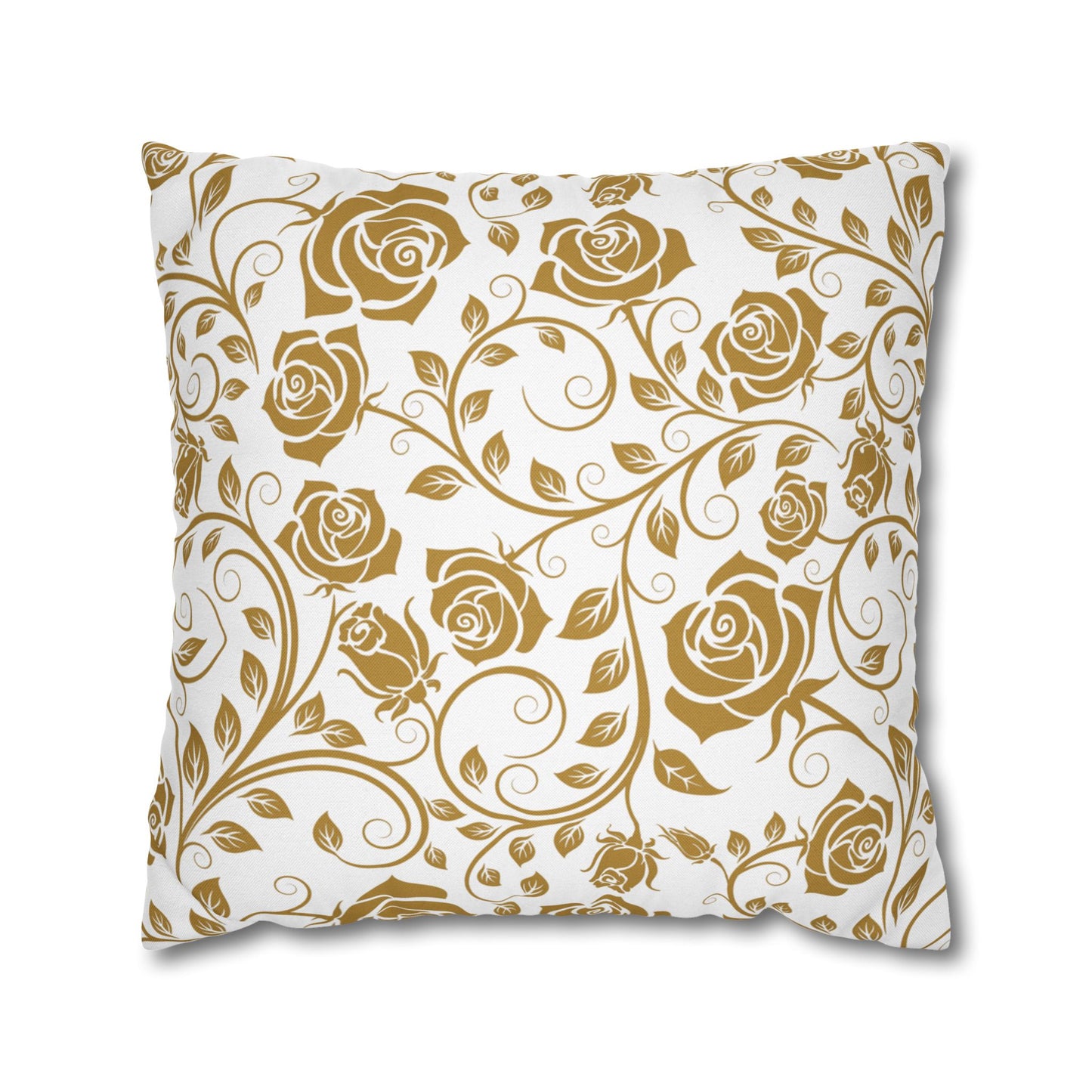 Decorative pillow with gold floral pattern on a white background