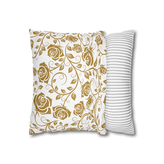 Gold Roses square pillowcase on a white background.
