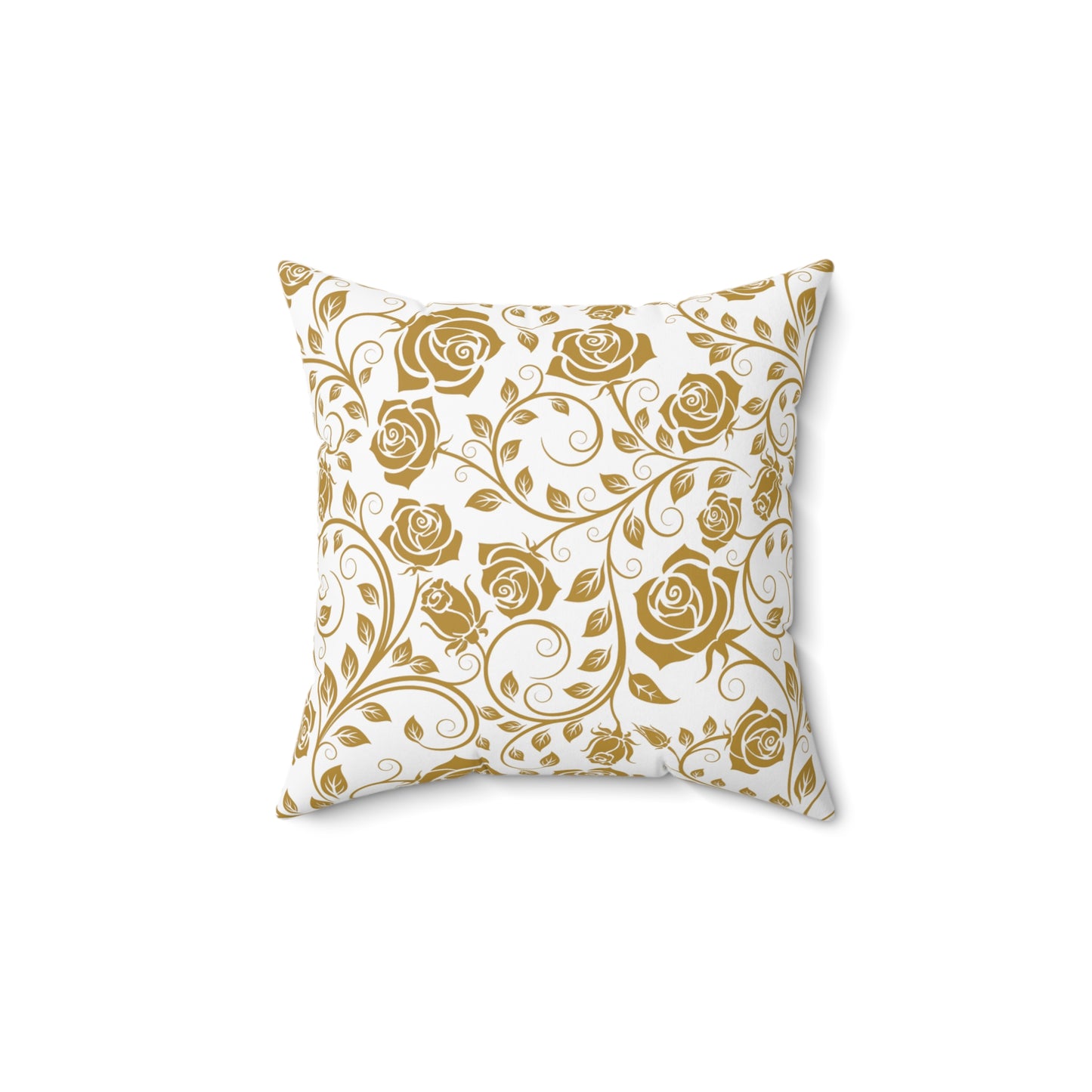 Decorative pillow with gold floral pattern on a white background