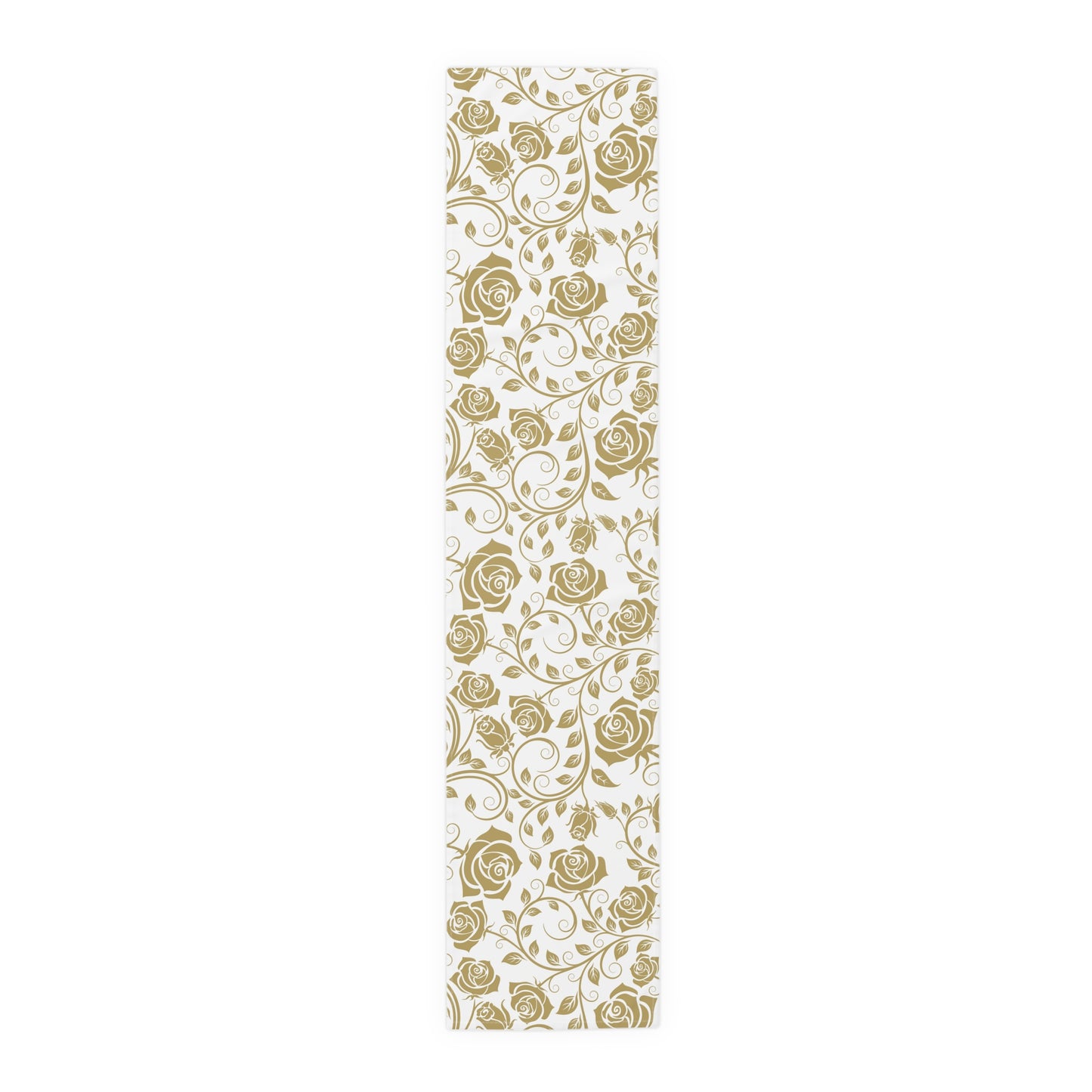 Table runner with gold floral pattern on a white background