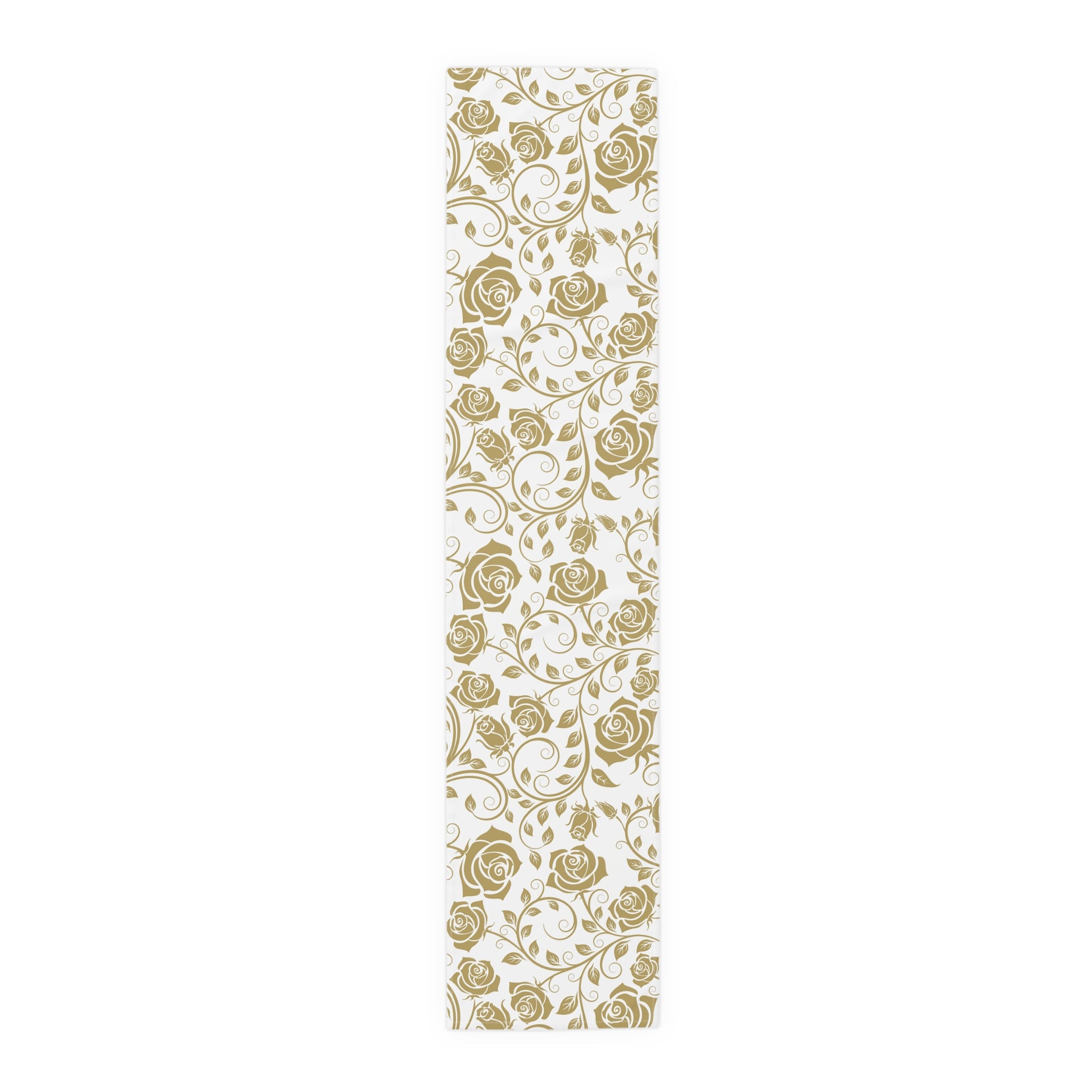 Table runner with gold floral pattern on a white background