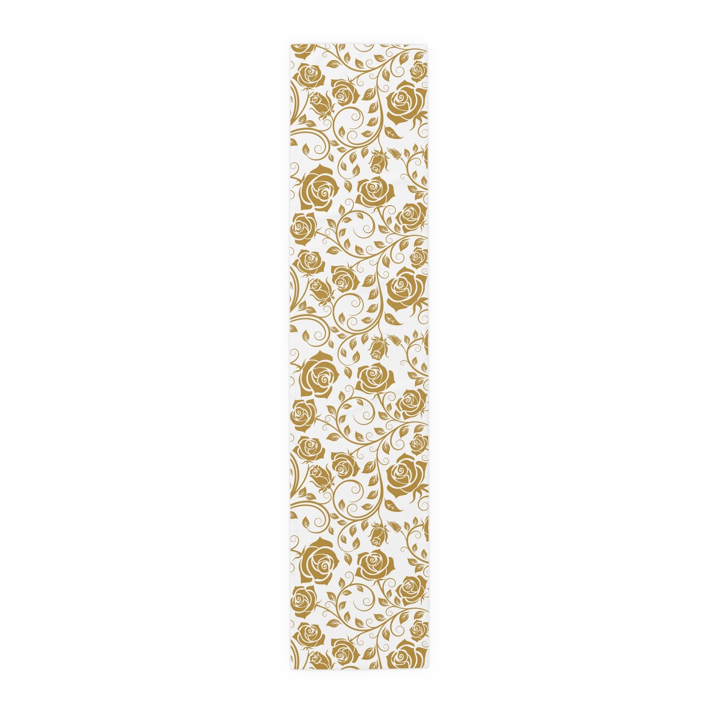 Table runner with gold floral pattern on a white background