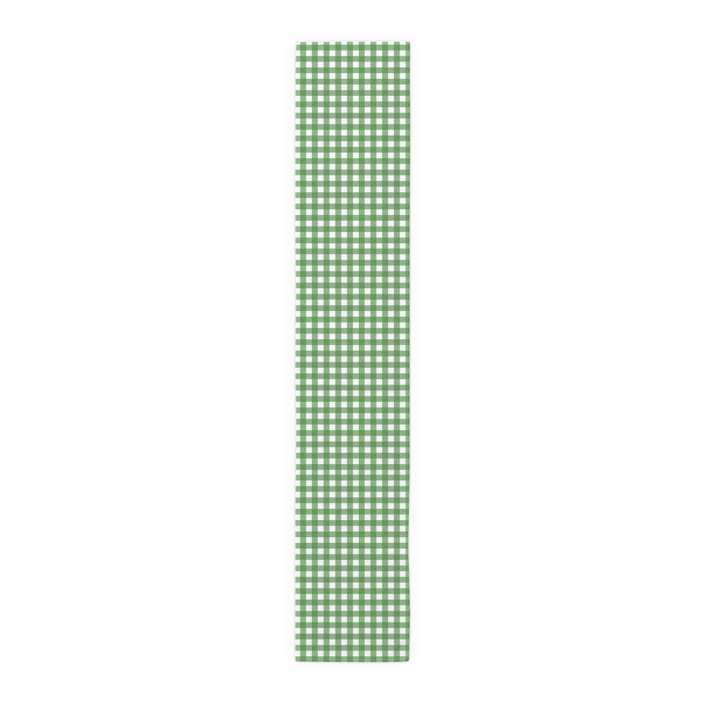 Green gingham checkered table runner with green and white gingham pattern printed on front of table runner, on a white background.