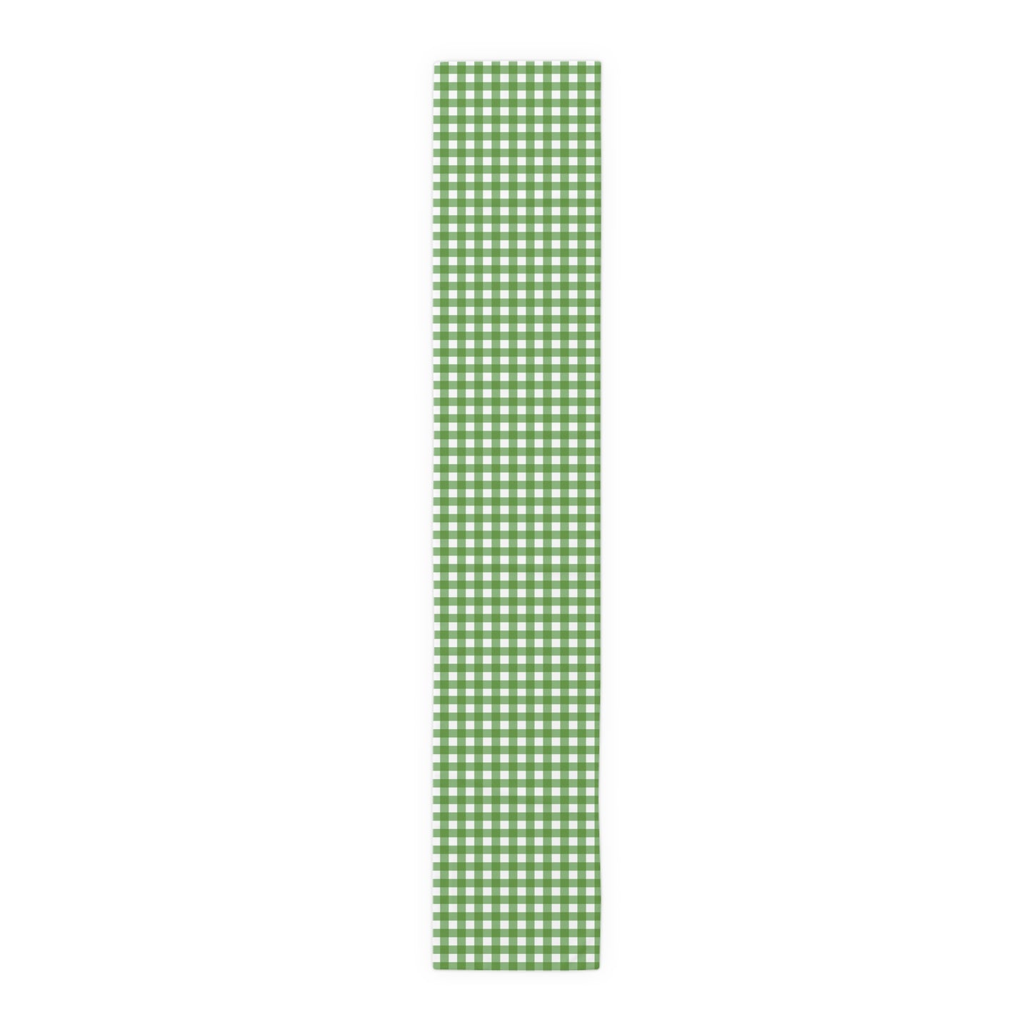 Green gingham checkered table runner with green and white gingham pattern printed on front of table runner, on a white background.
