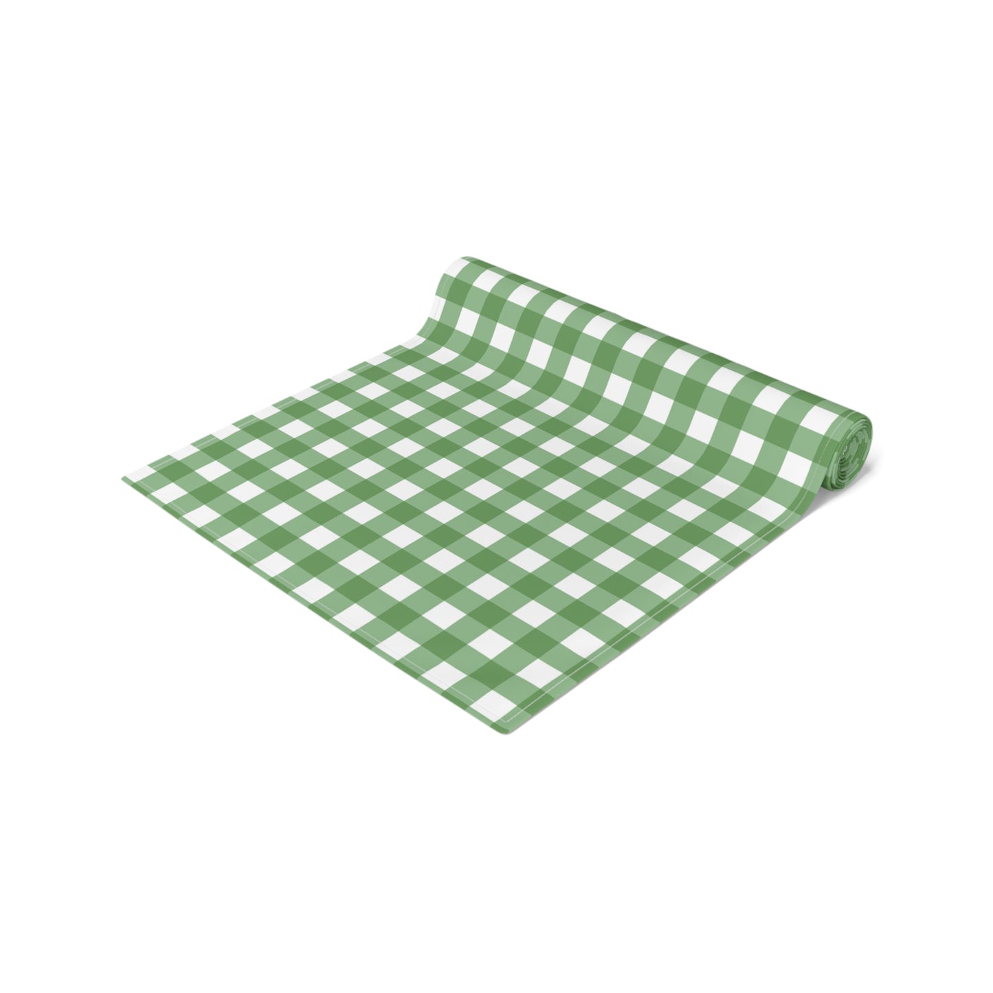 Green gingham checkered table runner with green and white gingham pattern printed on front of table runner, rolled up on a white background.