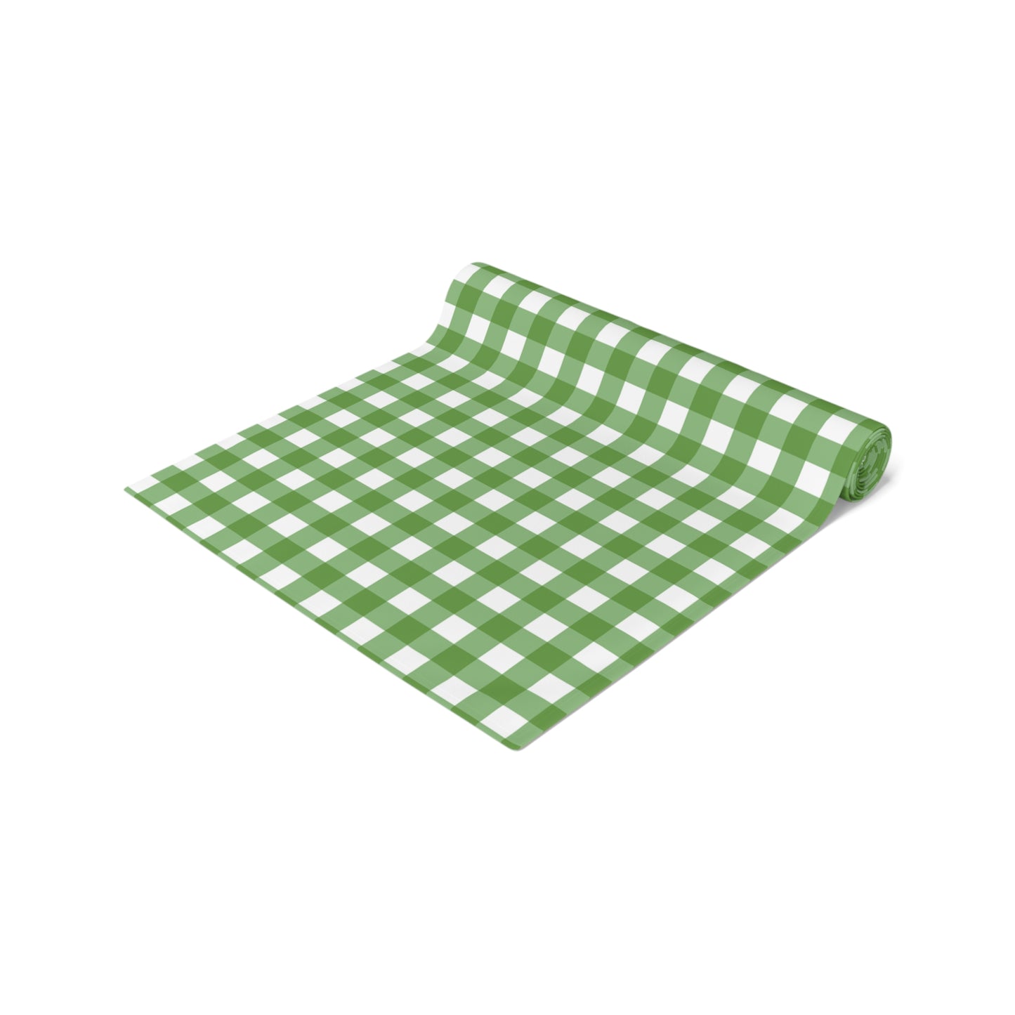 Green gingham checkered table runner with green and white gingham pattern printed on front of table runner, rolled up on a white background.