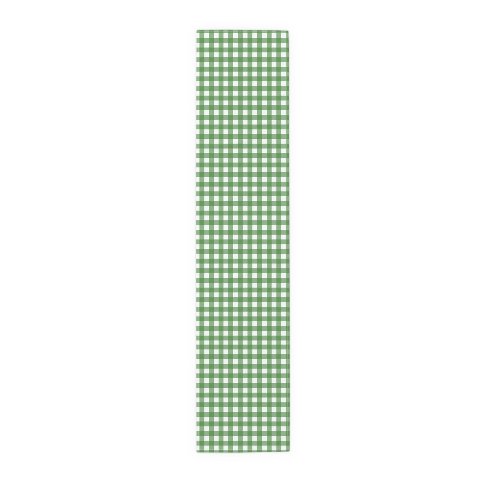 Green gingham checkered table runner with green and white gingham pattern printed on front of table runner, on a white background.