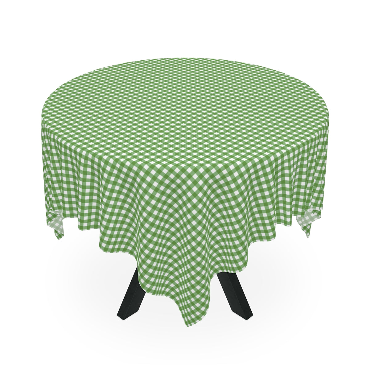 Round table with a gGreen and white gingham checkered tablecloth on a white background