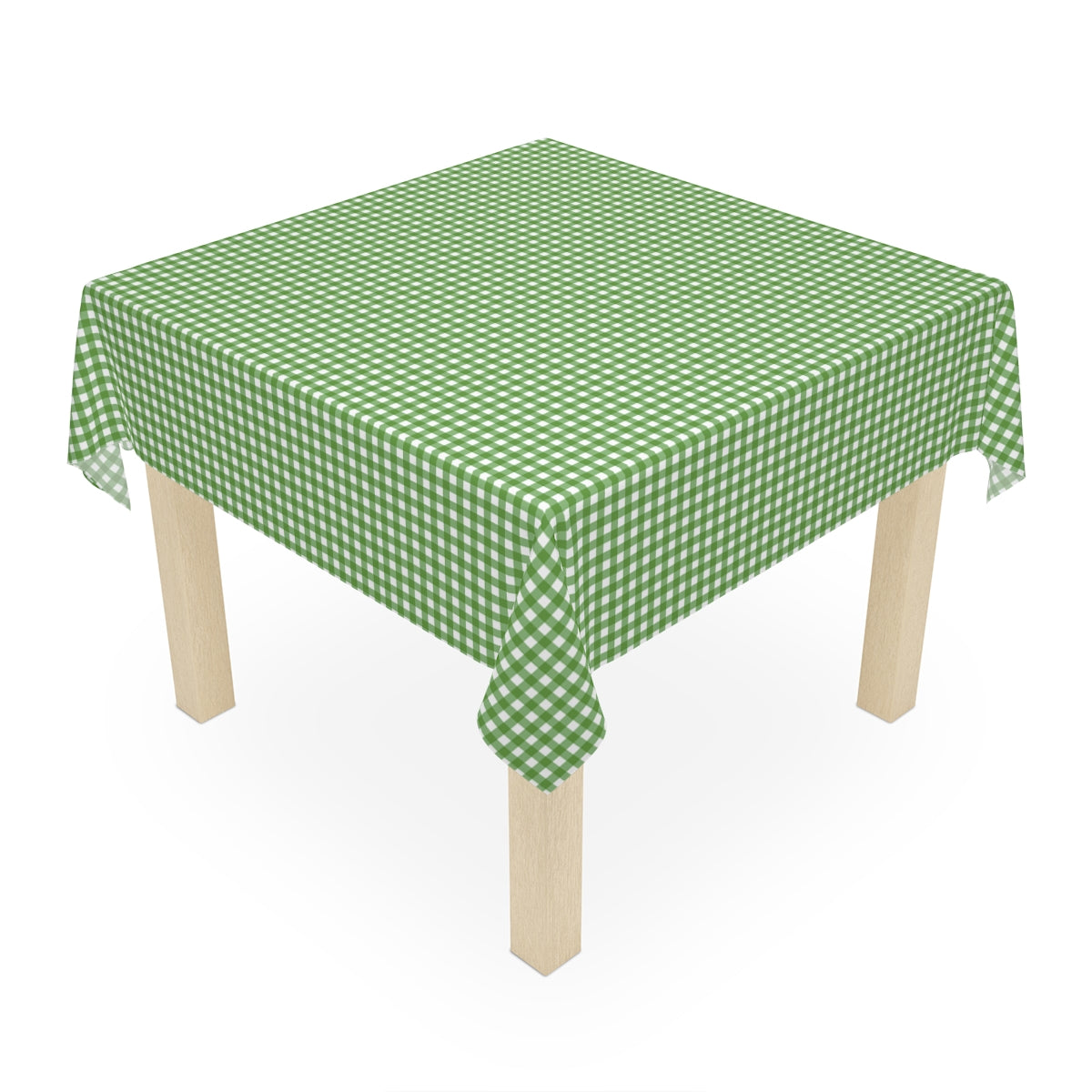Small wooden table with  a green and white gingham checkered tablecloth on a white background