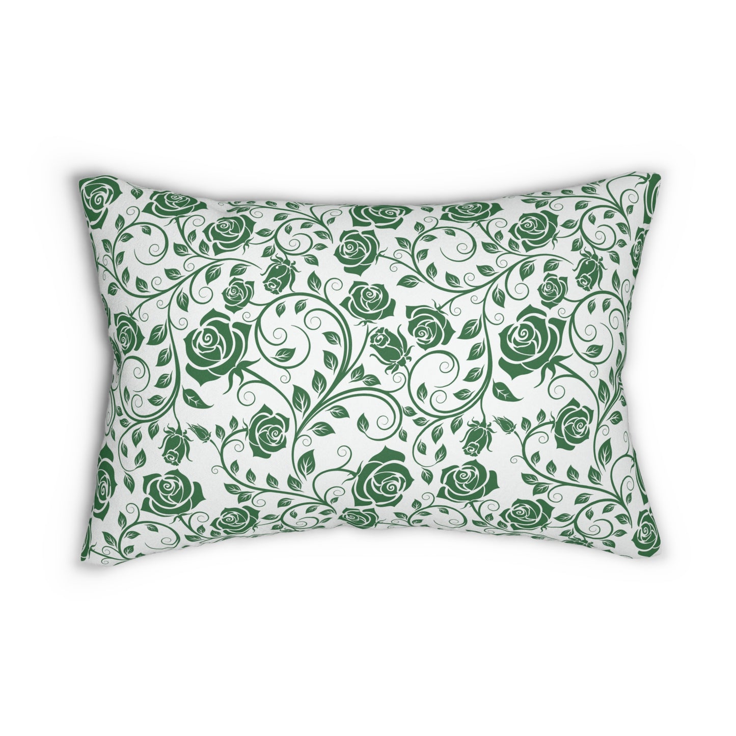 Decorative lumbar pillow with green floral pattern on a white background