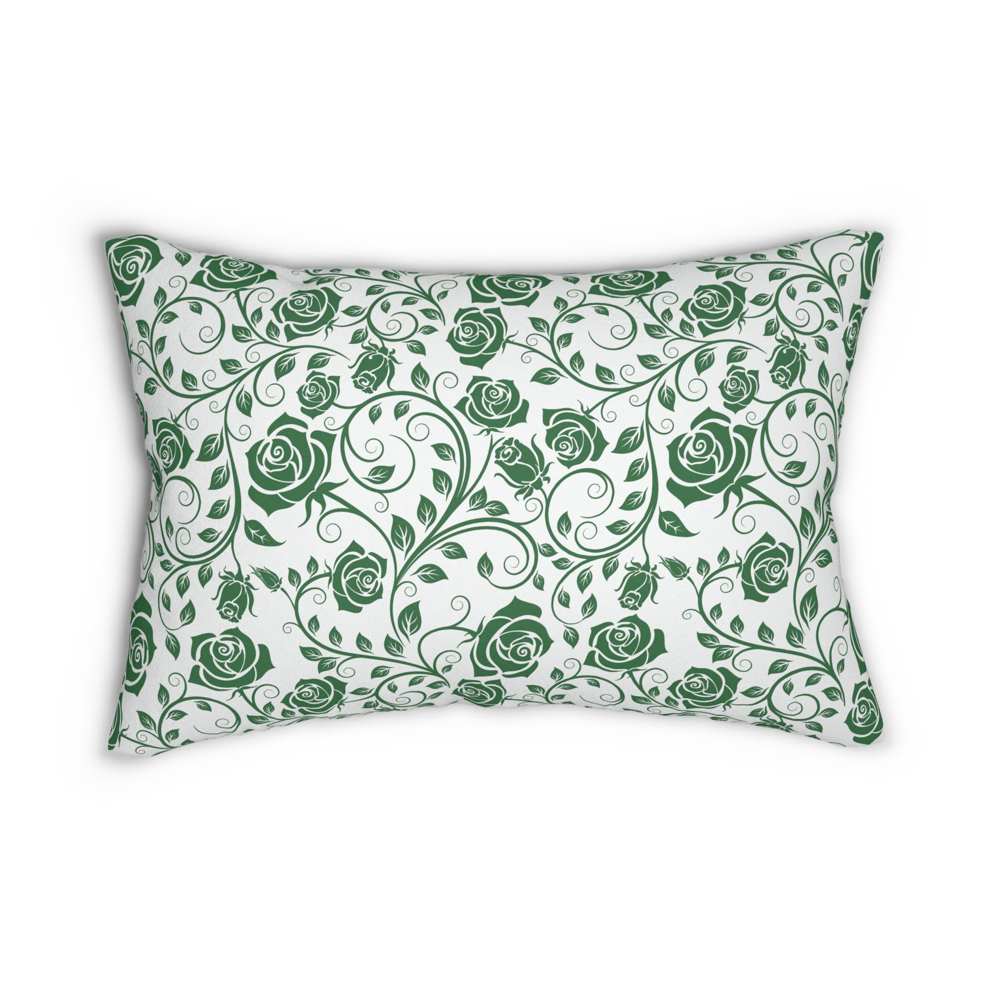 Decorative lumbar pillow with green floral pattern on a white background
