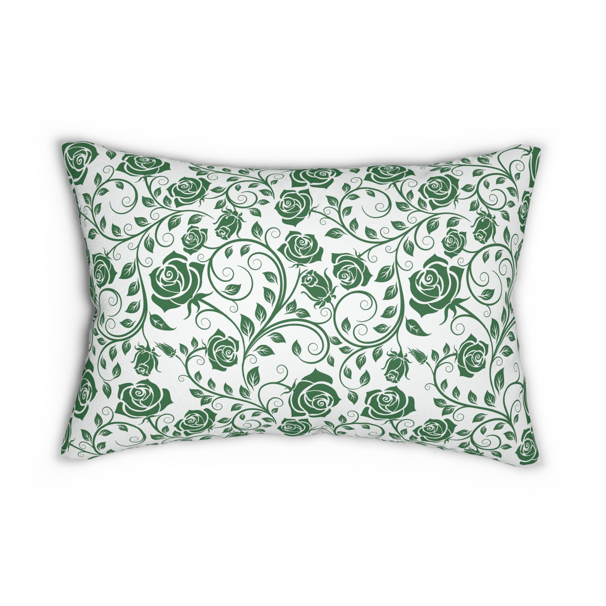 Pillow with green rose pattern on a white background