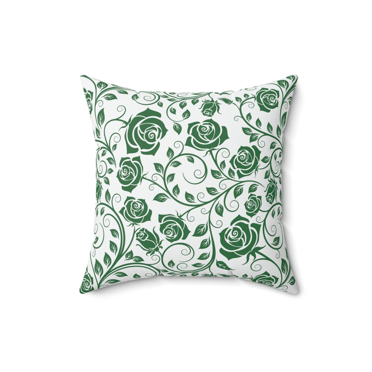 Decorative pillow with green rose pattern on a white background