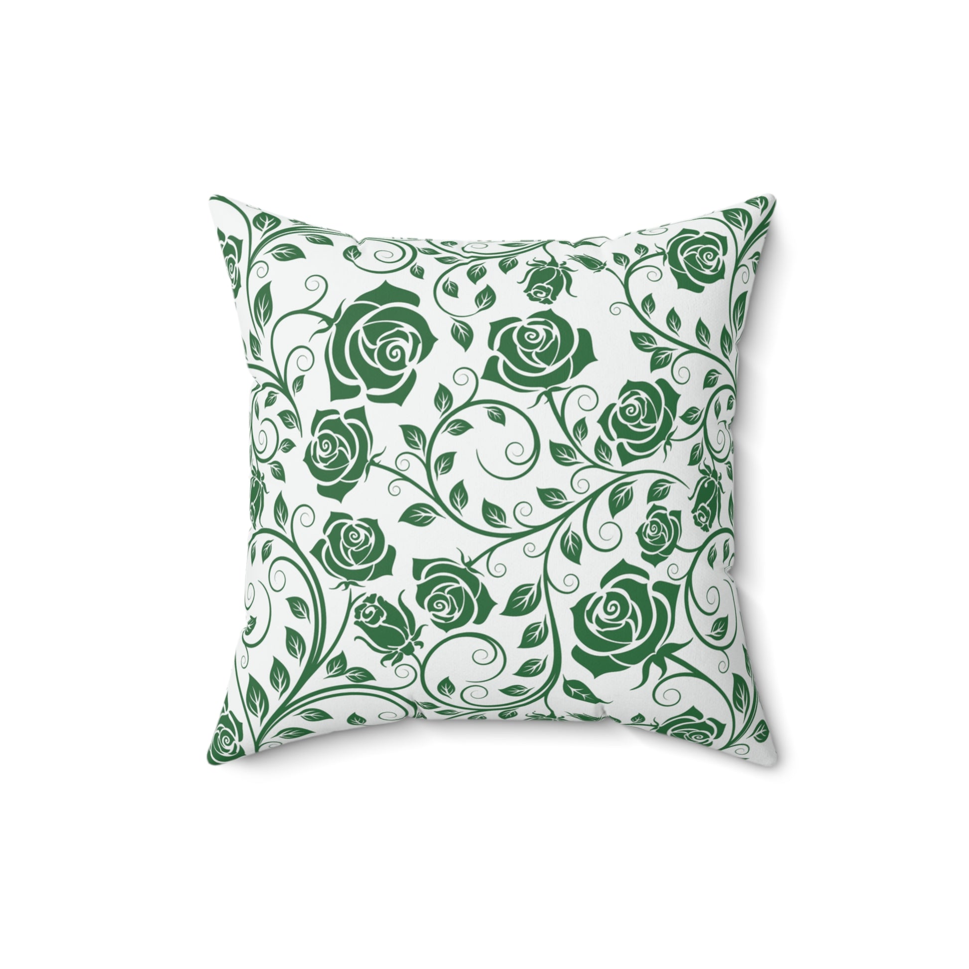 Decorative pillow with green rose pattern on a white background