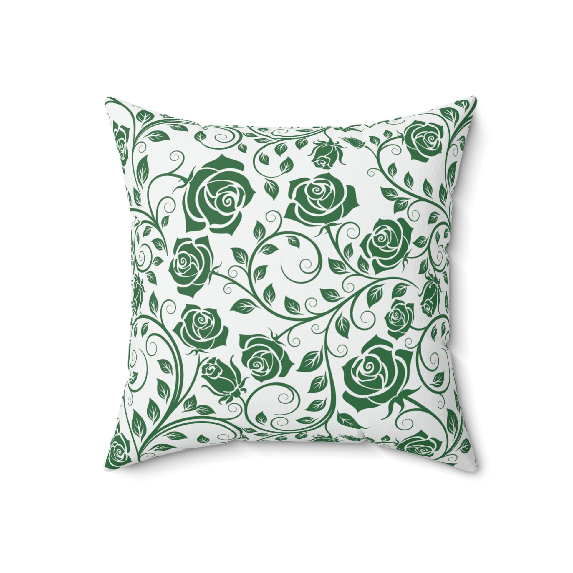 Decorative pillow with green floral pattern on a white background