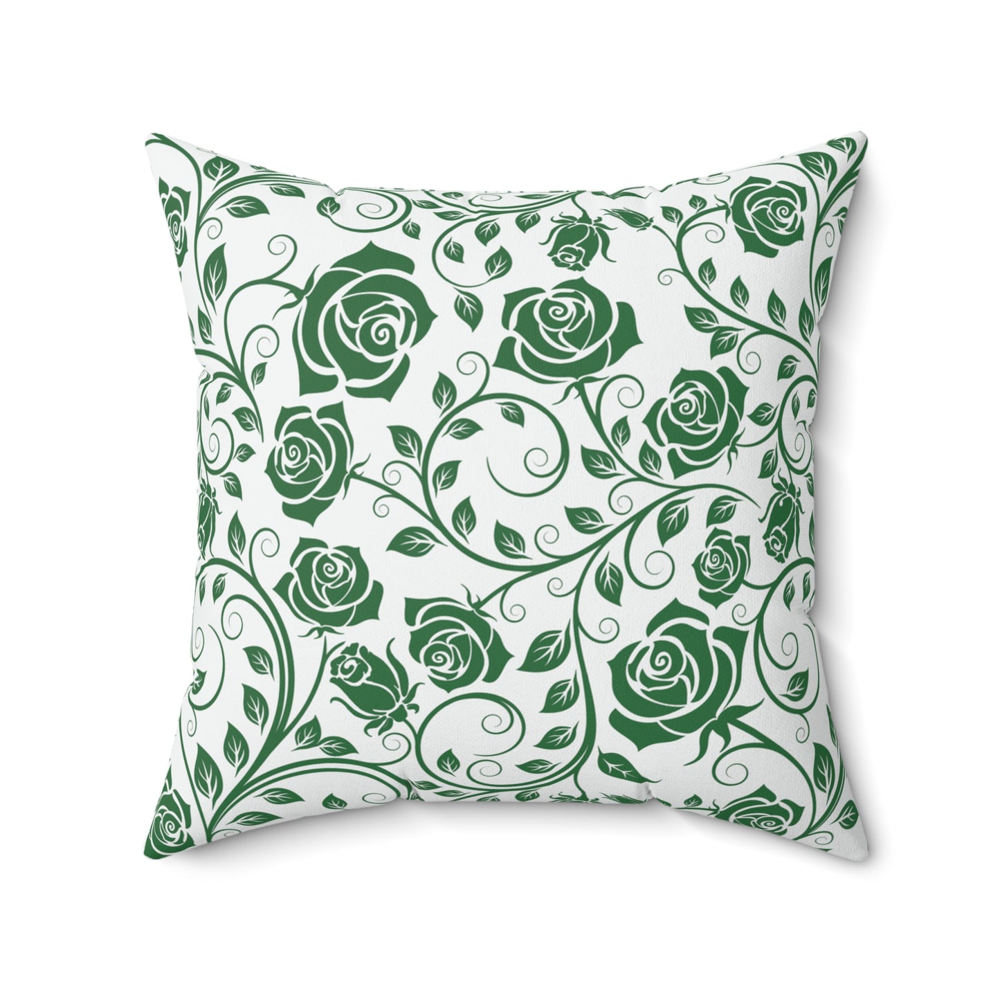 Decorative pillow with green rose pattern on a white background