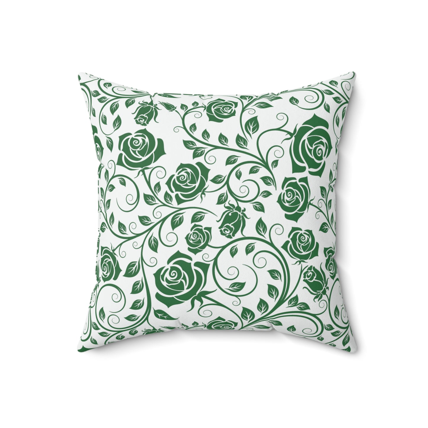 Decorative pillow with green rose pattern on a white background