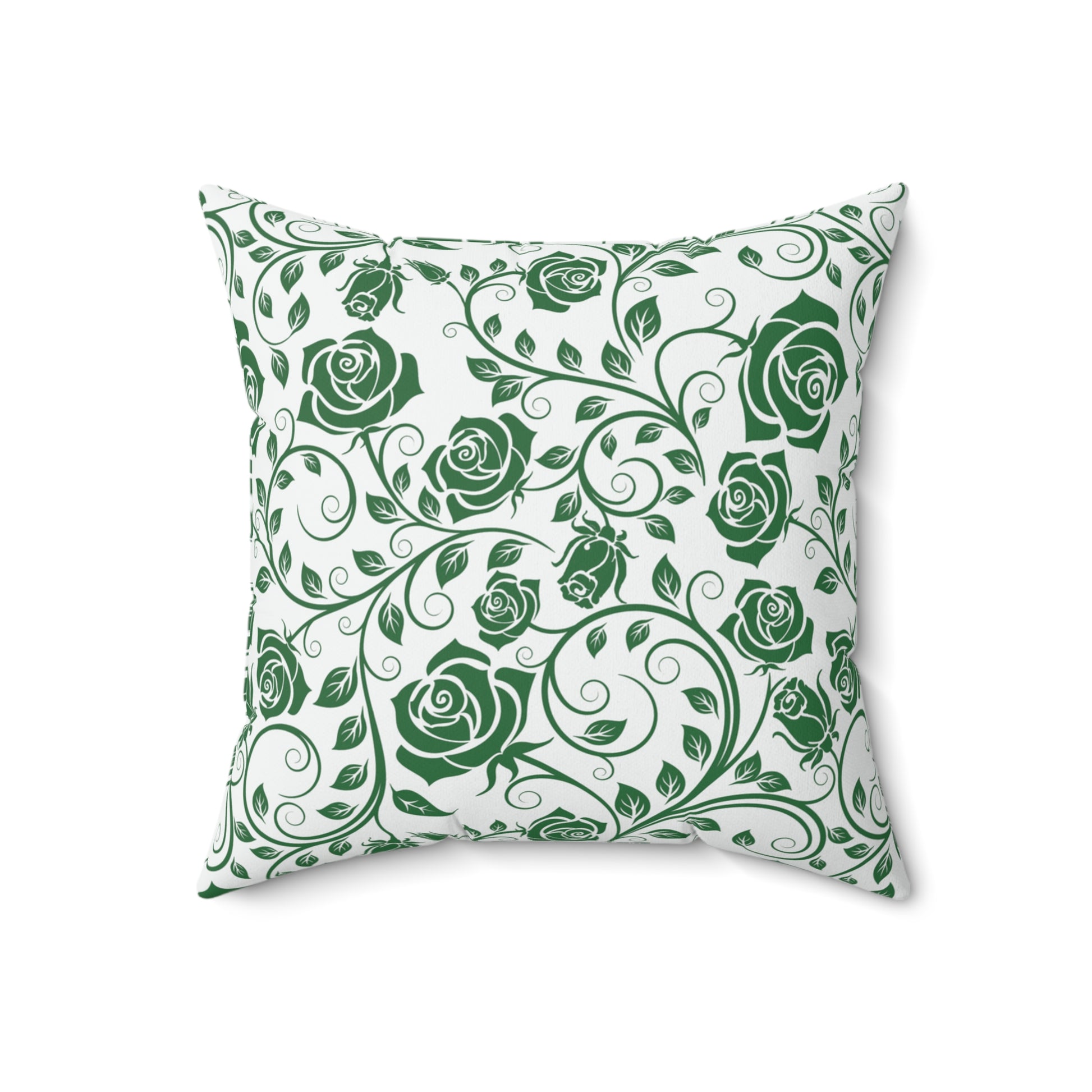 Decorative pillow with green rose pattern on a white background