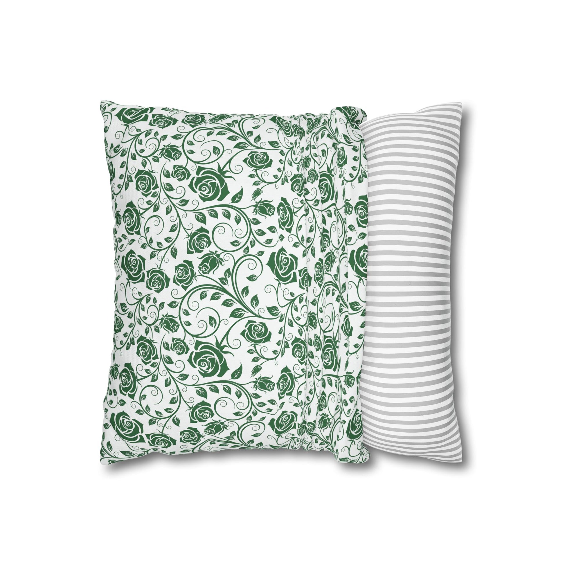 Green roses square pillowcase on a white background.