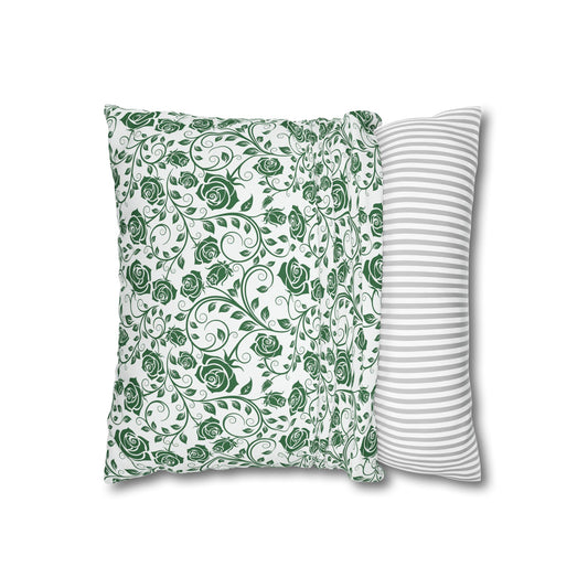 Green roses square pillowcase on a white background.