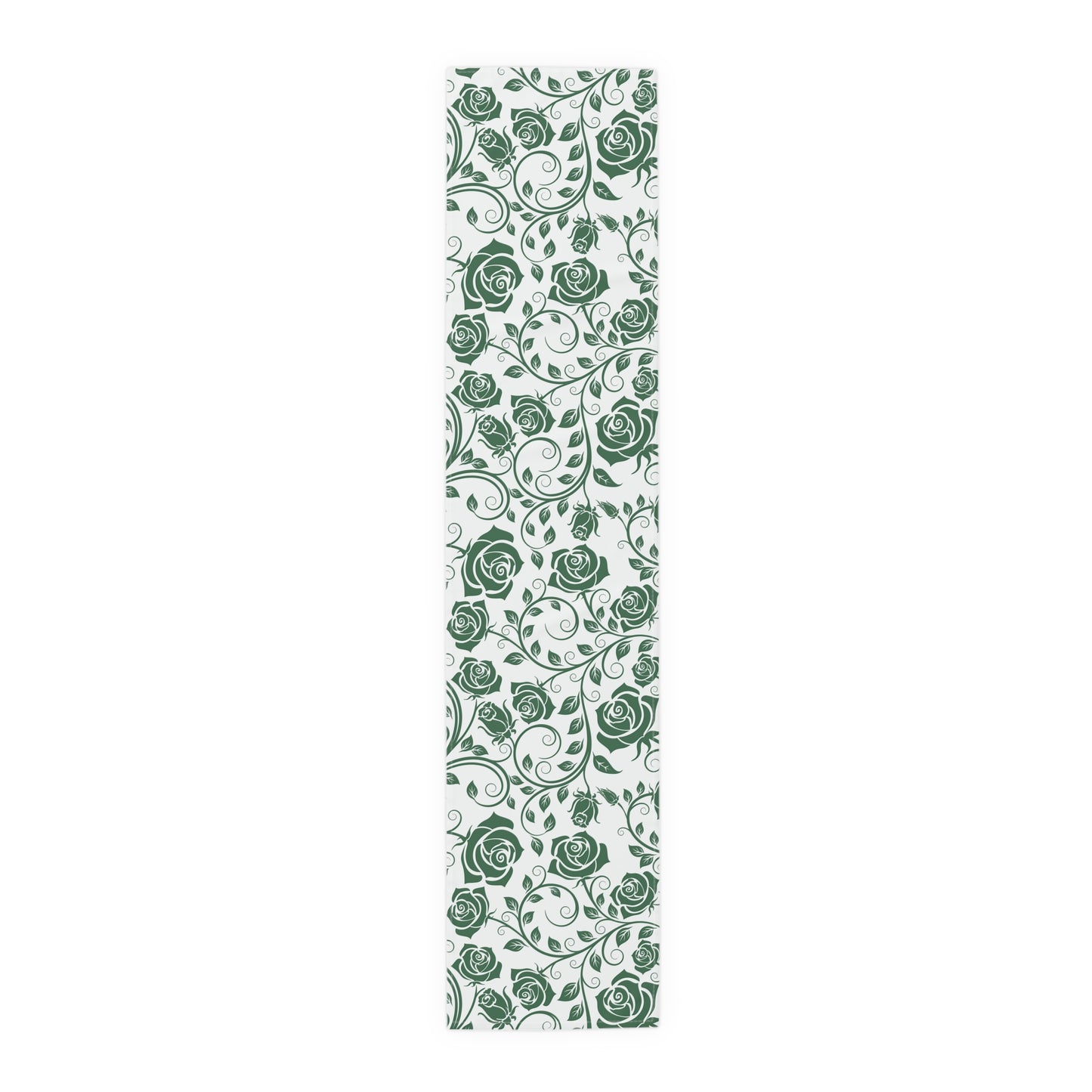 Green floral pattern table runner on a white background