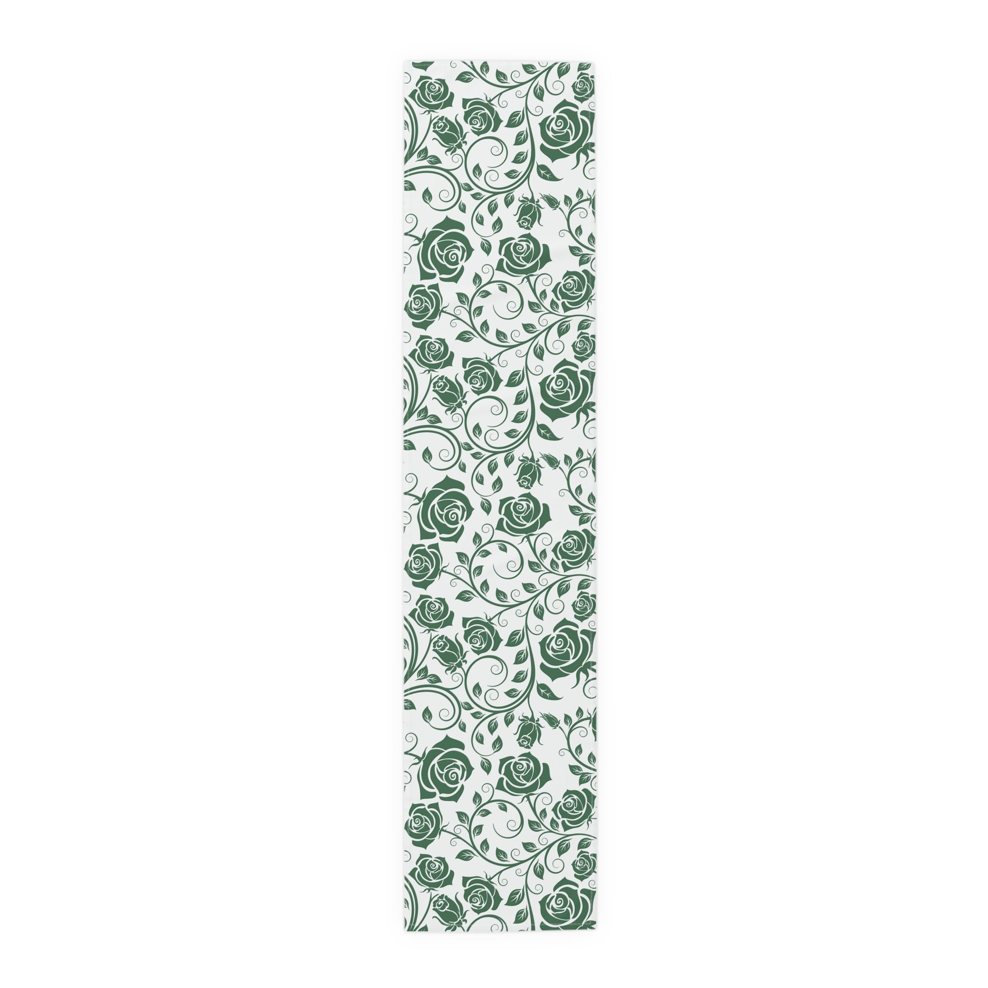 Green floral pattern table runner on a white background